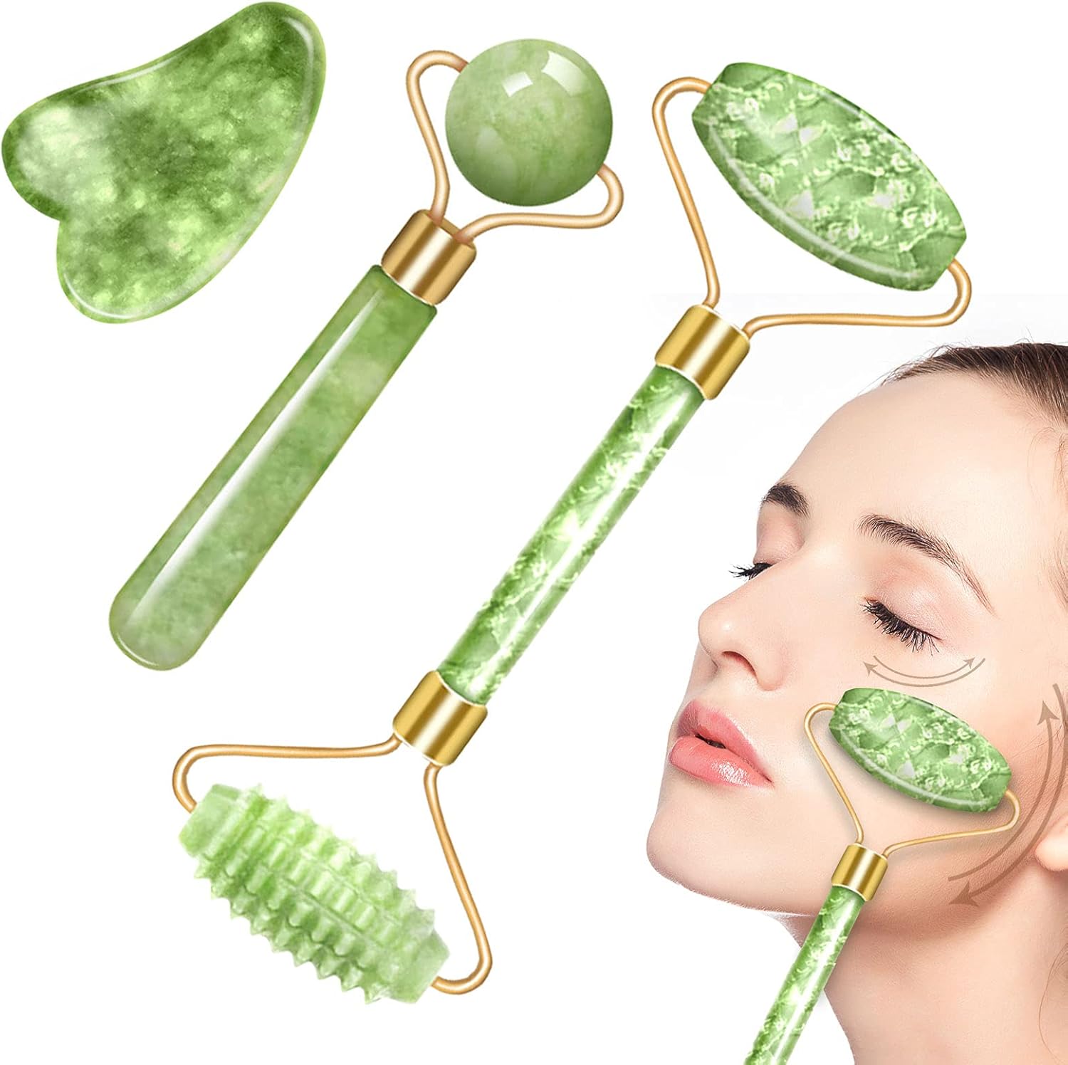 Gua Sha Real Jade Roller Stone Kit 3 in 1 Facial Beauty Roller Skin Care Tools Natural Quartz Anti Aging Massager for Face, Eyes, Neck, Body Muscle Relaxing and Relieve Fine Lines and Wrinkles : Beauty & Personal Care