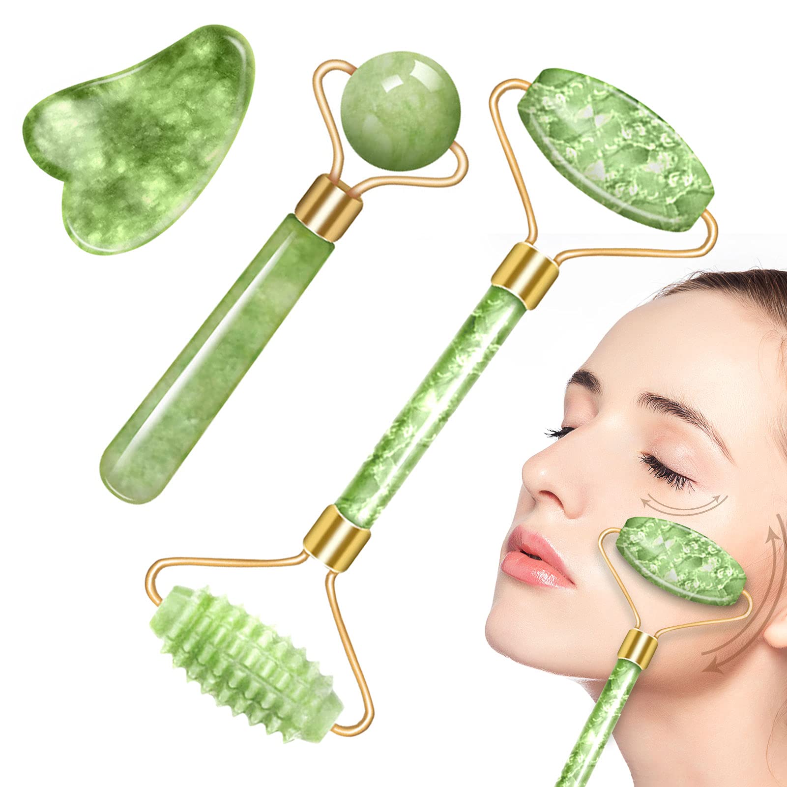 Gua Sha Real Jade Roller Stone Kit 3 em 1 Rolo de beleza facial, ferramentas de cuidados
