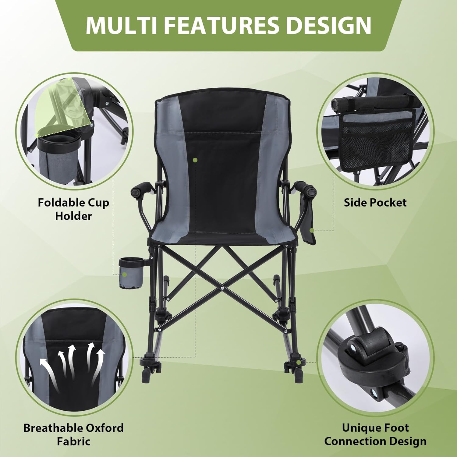 REDCAMP 2 in 1 Oversized Folding Rocking Camping Chair with Removable Rockers, Portable Rocker with High Back, Heavy Duty Hard Armchair for Patio Lawn and Outdoors, Black