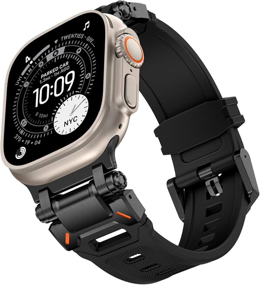 Kades Pulseira para Apple Watch Ultra 2/Ultra de 49 mm para Apple Watch séries 10/9/8/7/6/SE/5/4/3/2/1 de 46 mm/45 mm/44 mm/42 mm, conector de metal durável com pulseira esportiva de TPU resistente