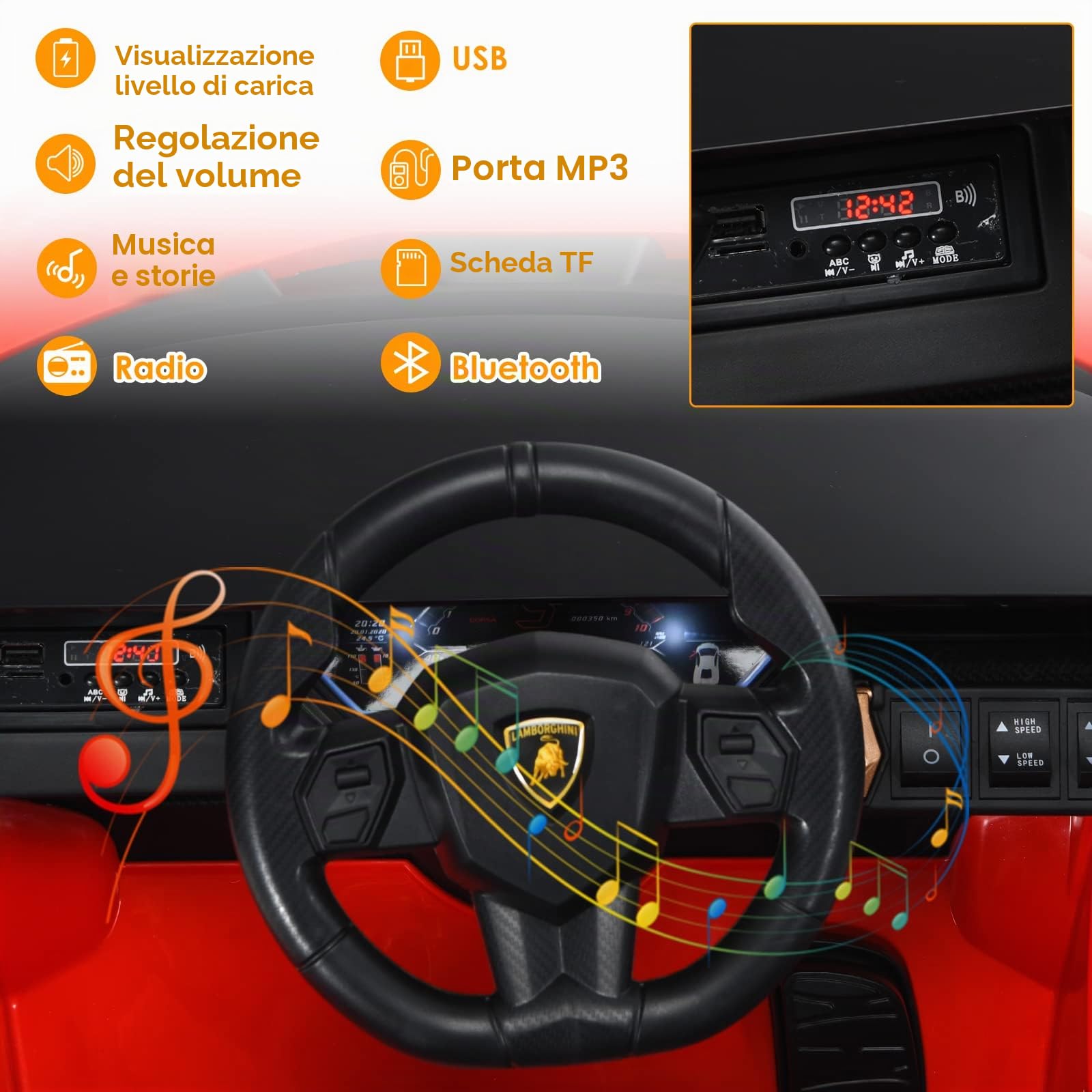 SOARS Macchina Elettrica per Bambini Lamborghini SIAN 12V con Telecomando, Auto Elettrico a Pedale e Luci LED, Veicoli con Musica, MP3, Clacson e Radio, Carico 25 kg, 3-8 Anni (Rosso)