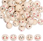 50 Pcs 5 Styles Smile Face Wooden Beads, 20mm Natural Round Wood Beads, Hair Braid Beads Spacer Beads with 5mm Hole for DIY Crafts Macrame Bracelet Necklace Jewelry Making Handmade Decorations