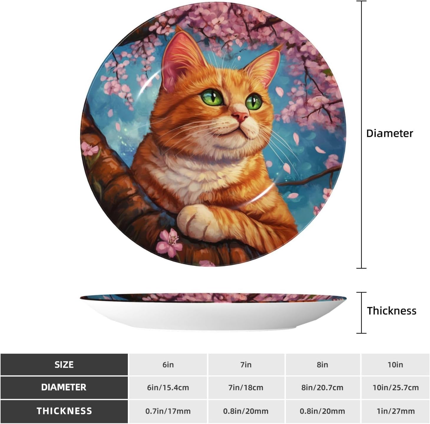 orange cat flower print Decorative Bone China Plate with Display Stand, Available in Sizes 6 to 10 Inches, Premium Ceramic Ornament for Home, Office, Kitchen Table, Wall Decor, 10in