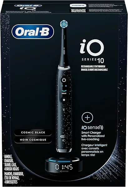 Oral-B iO Series 10 Rechargeable Electric Toothbrush with Visible Pressure Sensor to Protect Gums, 2 Min Timer, 7 Cleaning Settings, 4 Replacement Toothbrush Heads, and Charging Travel Case, Black