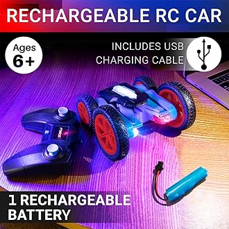 Force1 Tornado Red LED Remote Control Car for Kids - Double Sided Fast RC Car, 4WD Off-Road Stunt Car with 360 Flips, All Terrain Tires, LEDs, RC Crawler Rechargeable Toy Car Battery, Kids Car Remote