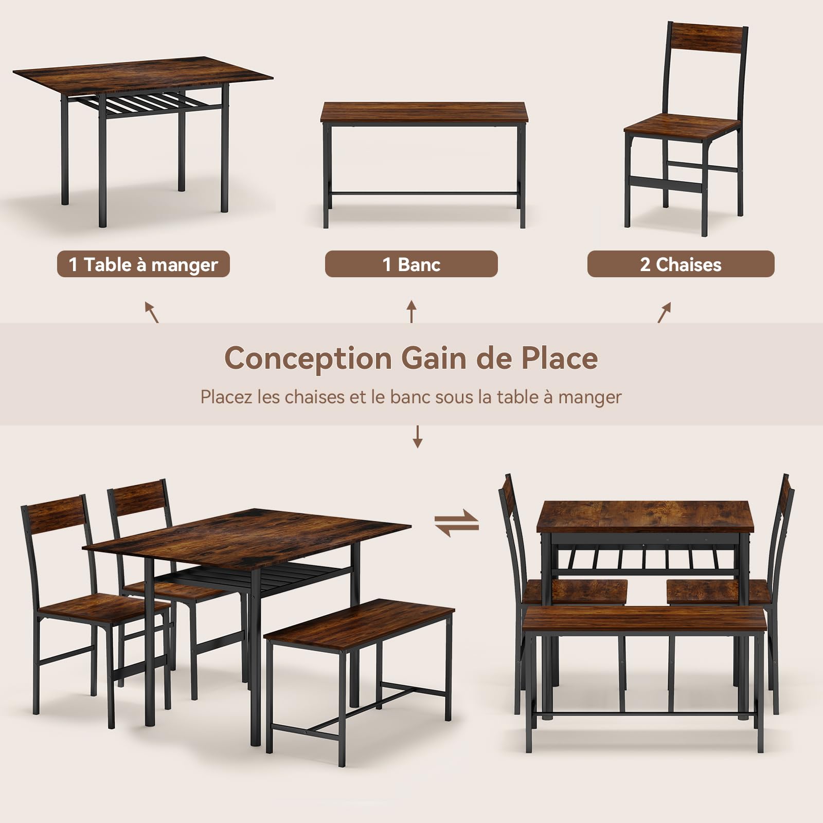 YU YUSING Table Pliante Extensible de Salle à Manger (60-120)x75x76cm avec 2 Chaises et 1 Banc - Ensemble de 4 Meubles - Bois et Métal - Marron Rustique