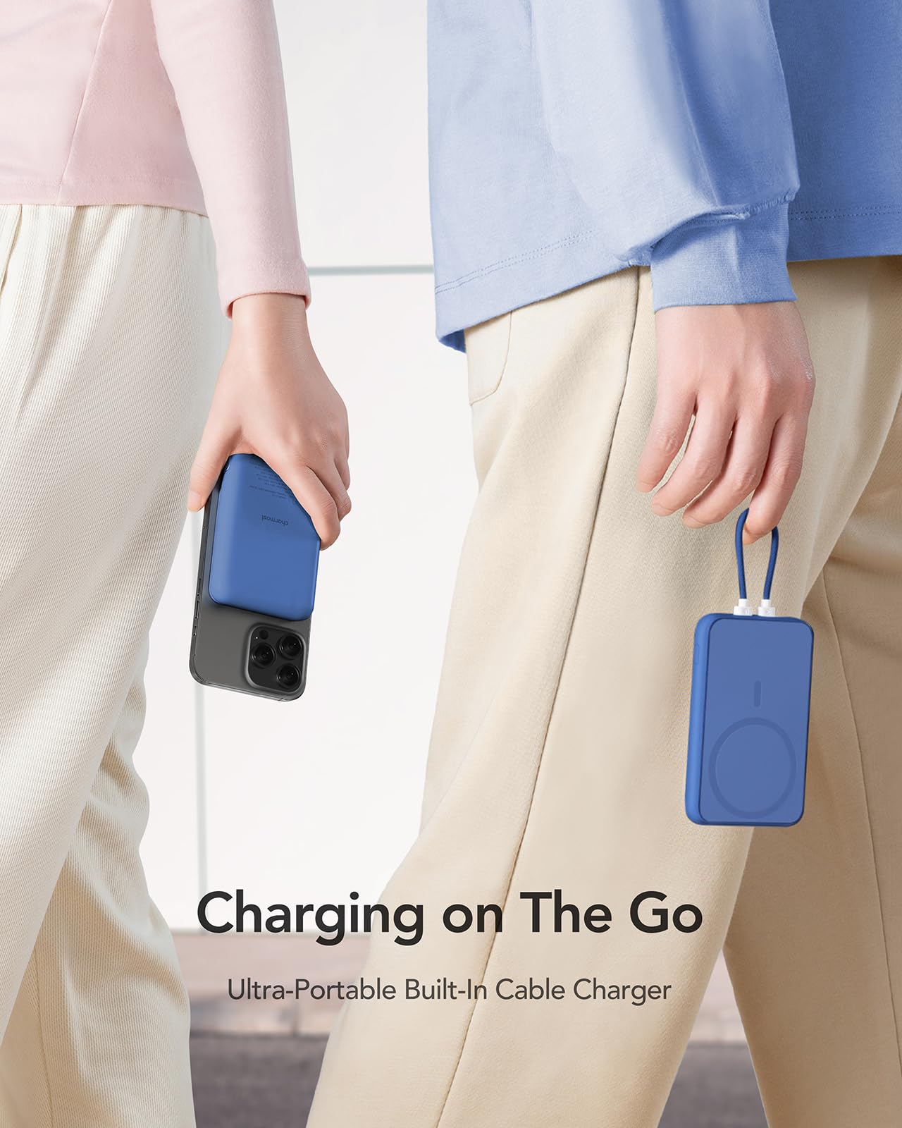 Charmast Power Bank 10000mAh con Cavi Integrati Leggero Powerbank PD 20W Ricarica Rapida USB C Caricatore Portatile Antiscivolo con LED Display per iPhone Huawei Watch (blu)