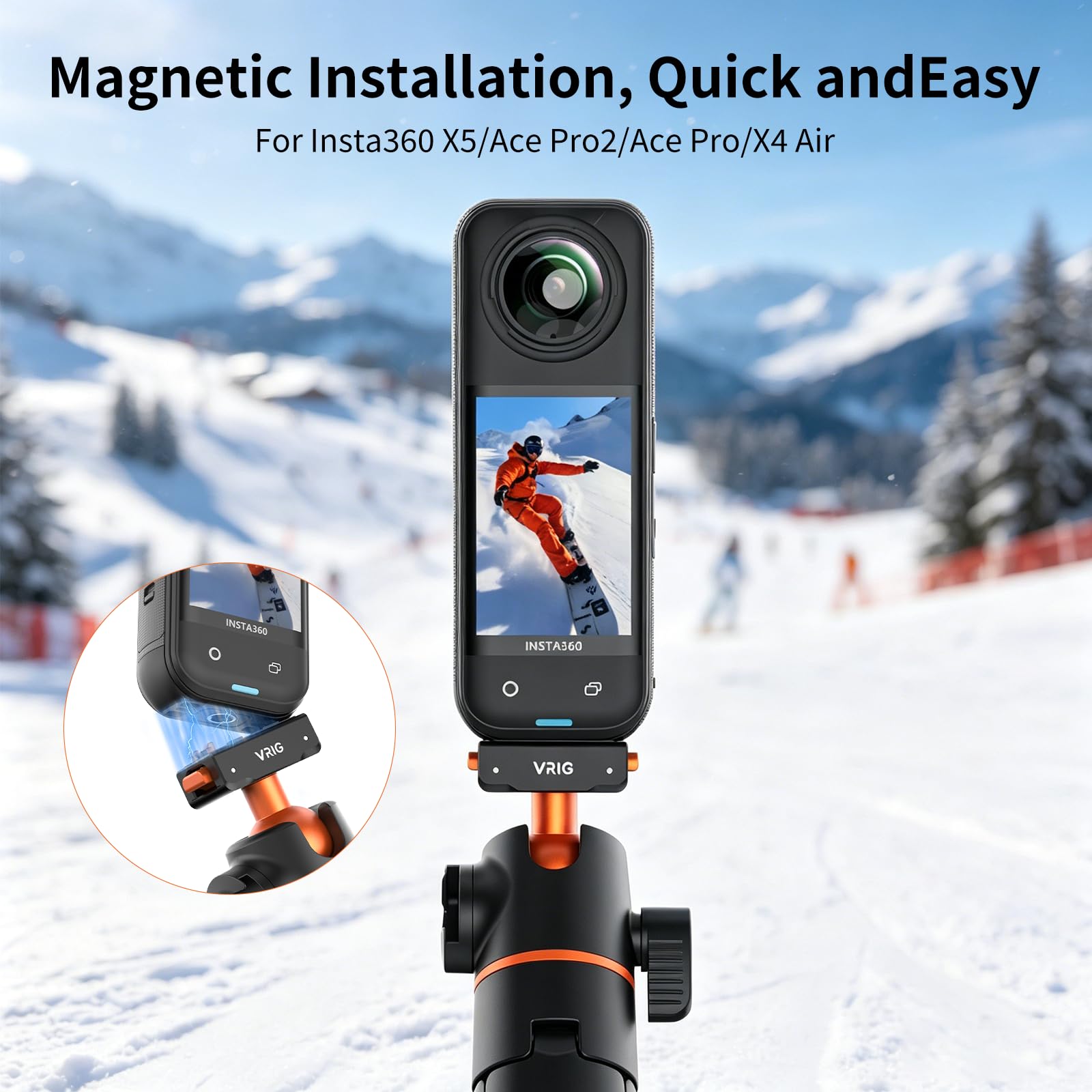 VRIG - Treppiede magnetico a sgancio rapido per Insta360 X6/X5/Ace Pro2 | 360 Testa a sfera allungabile Selfie Stick/Travel Vlogging Stand/Impugnatura portatile/Accessori
