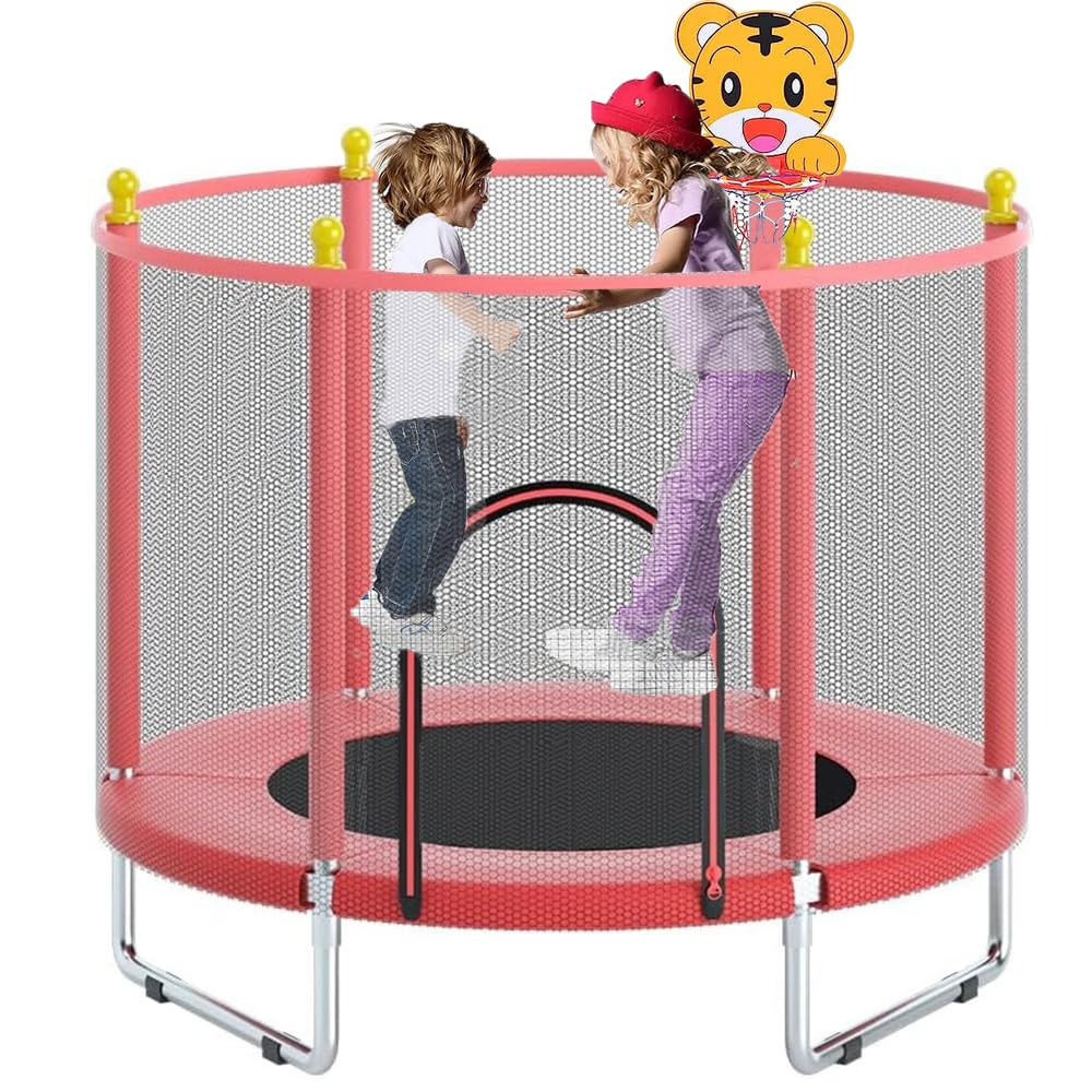DMG TECH Trampoline for Kids, Safety Enclosure Net & Basketball Hoop, Toddler Trampoline, Indoor/Outdoor, Pink, Round, 120cm x 3cm x 6cm, 200KG, Children, Toddlers, Unisex
