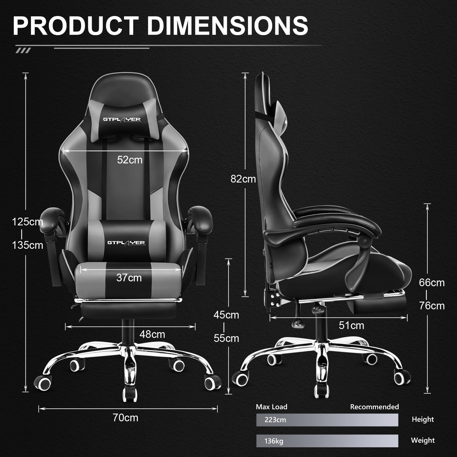 GTPLAYER Sedia da Gaming, Ergonomico Sedia da Ufficio, con Massaggiante poggiapiedi e supporto lombare, Schienale Regolabile 90-135°, Portata 150 kg, sedia per computer,Grigio