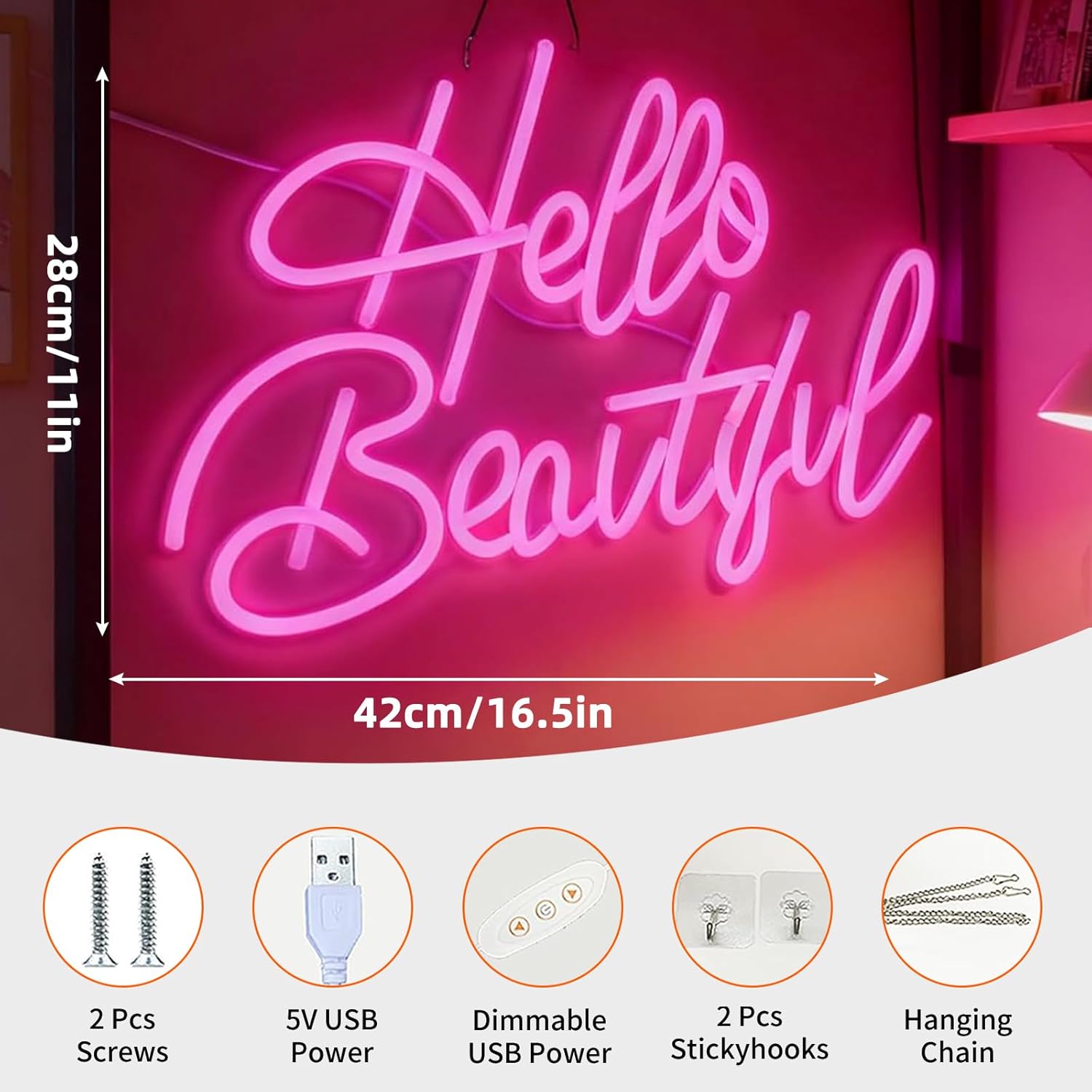 Hello Beautiful LED Neon Sign - USB Powered Dimmable Neon Light for Bedroom Living Room Dorm Home Decor Party Wall Table Art Decorations Gift for Teen Girls Women 16.5 x 11 In