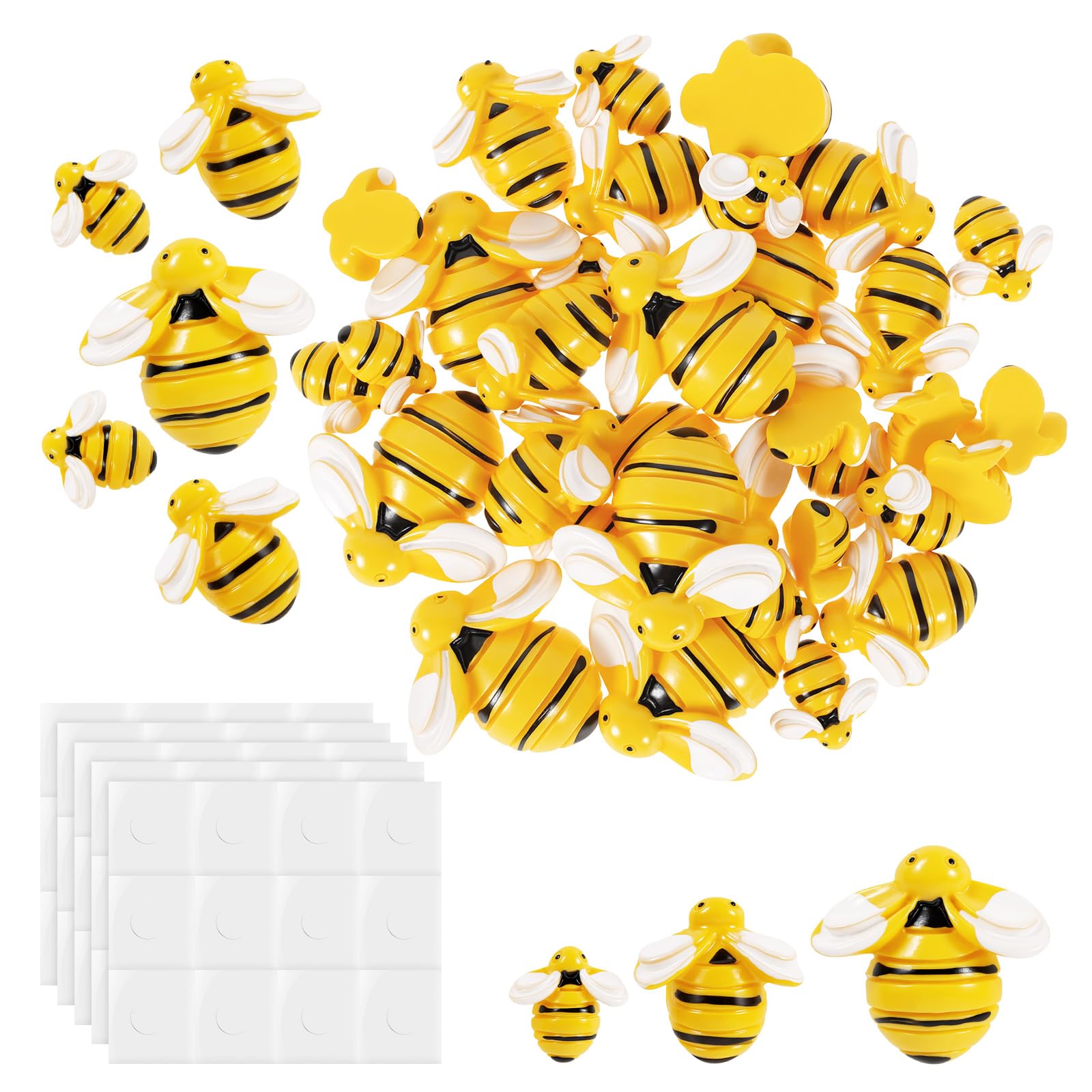 32Pcs Tiny Resin Bumble Bees for Crafts, Small Honey Bee Flatback Decorations with 48 Double-Sided Adhesive Tabs, Miniature Yellow Bee Decors for DIY Wreath Making, Scrapbooking & Party, 3 Sizes