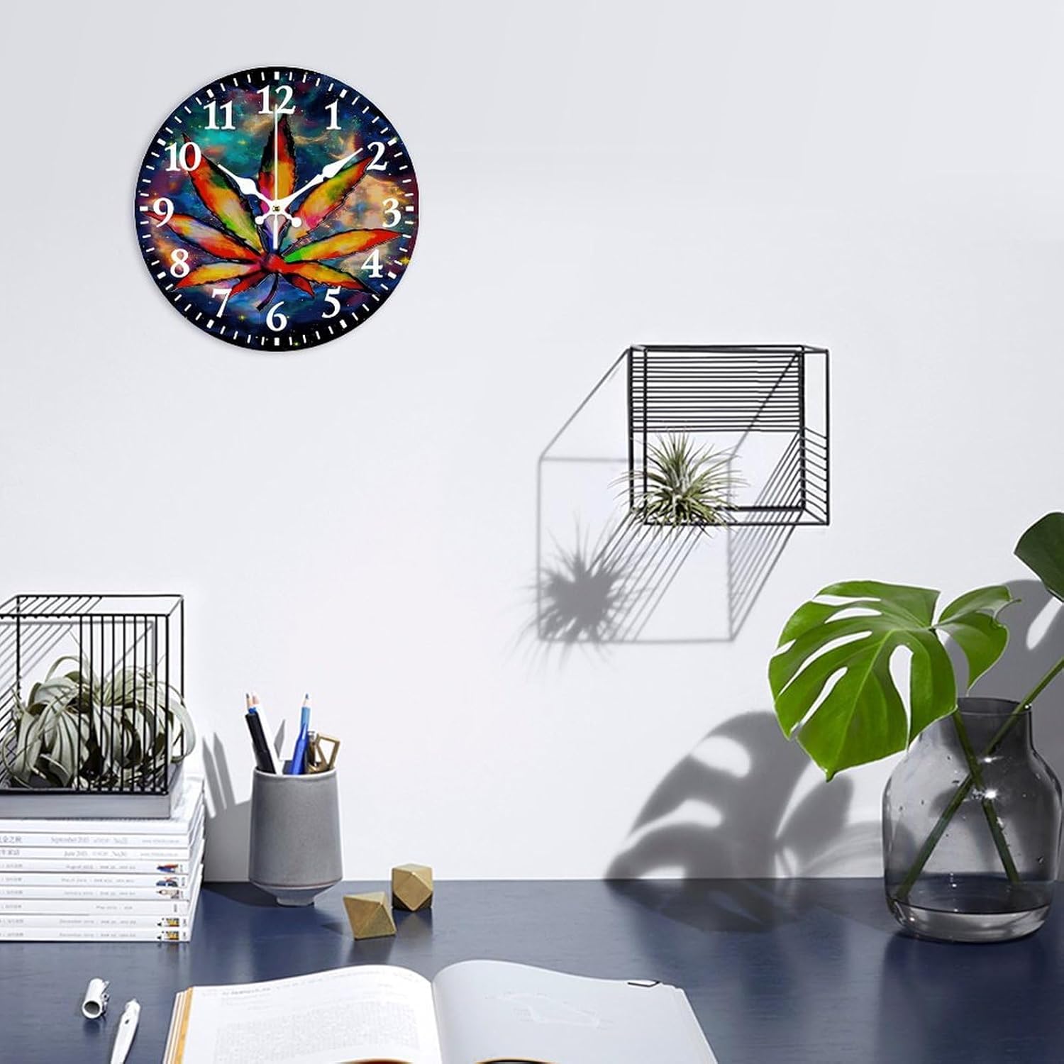 Marijuana Leaf Space Galaxy Weed Cannabis Silent Wall Clock, Vintage Rustic Decoration Round Wall Clock for Bedroom, Bathroom, Living Room, Home Office(25cm/9.84in)