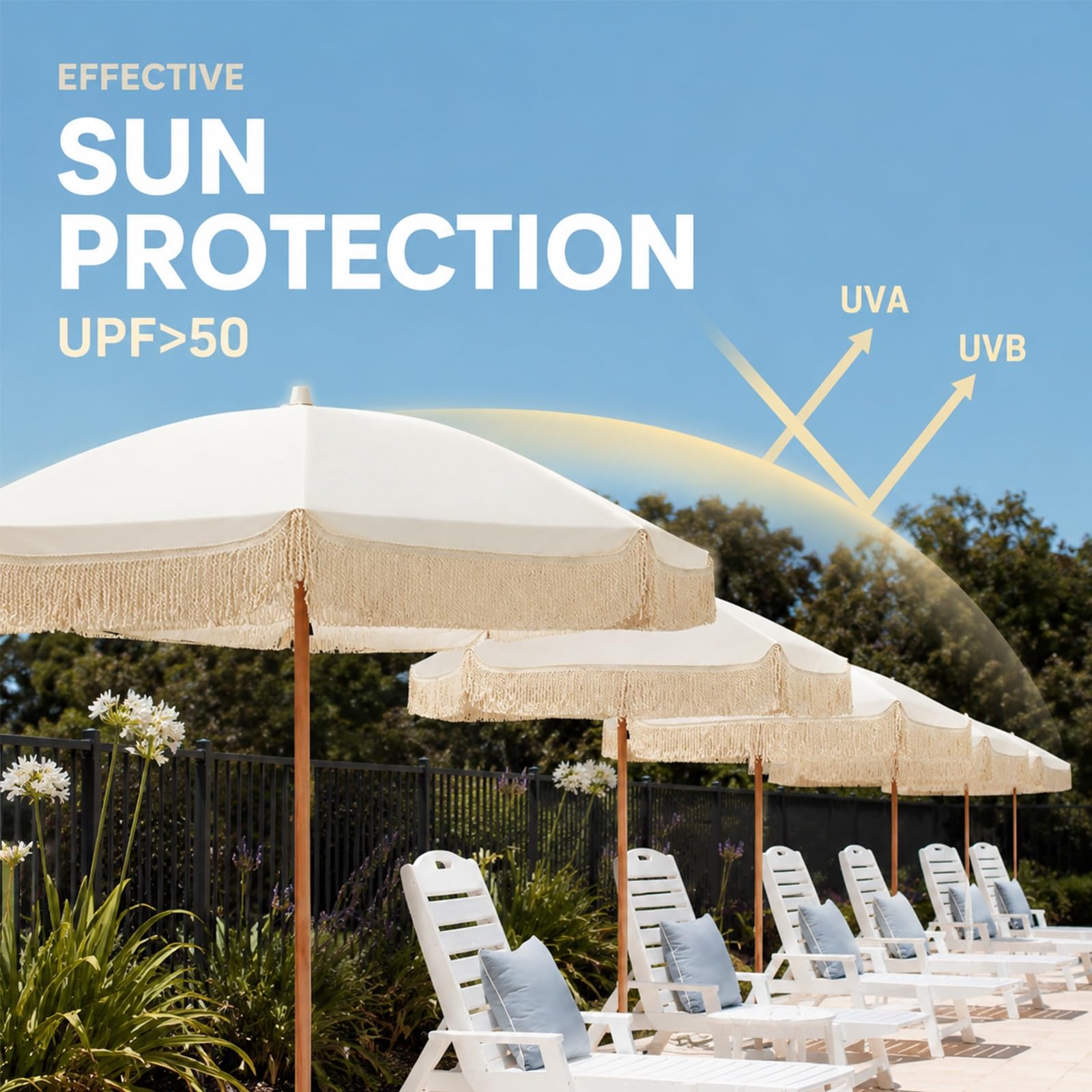 Parasole Tarasowe W Stylu Boho Z Frędzlami, 2m Parasol Zewnętrzny Na Ogród I Plażę Z Pomponami, Ochrona Przed Słońcem UPF50+, Z Torbą Transportową, Na Brzeg Basenu, Podwórko I Pomost
