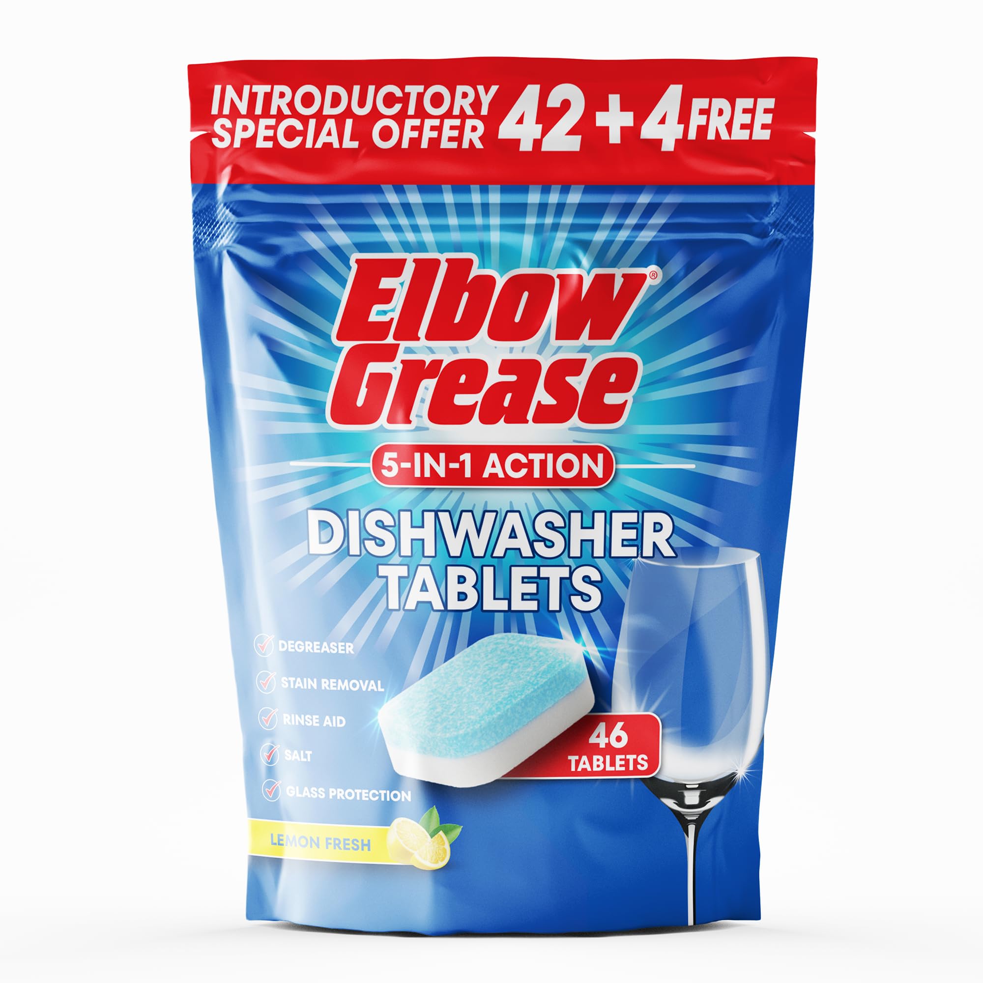 Elbow Grease Dishwasher Tablets | 5-in-1 Action - Degreaser, Stain Removal, Rinse Aid, Dishwasher Salt & Glass Protection (Lemon Fresh, 46 Tabs)
