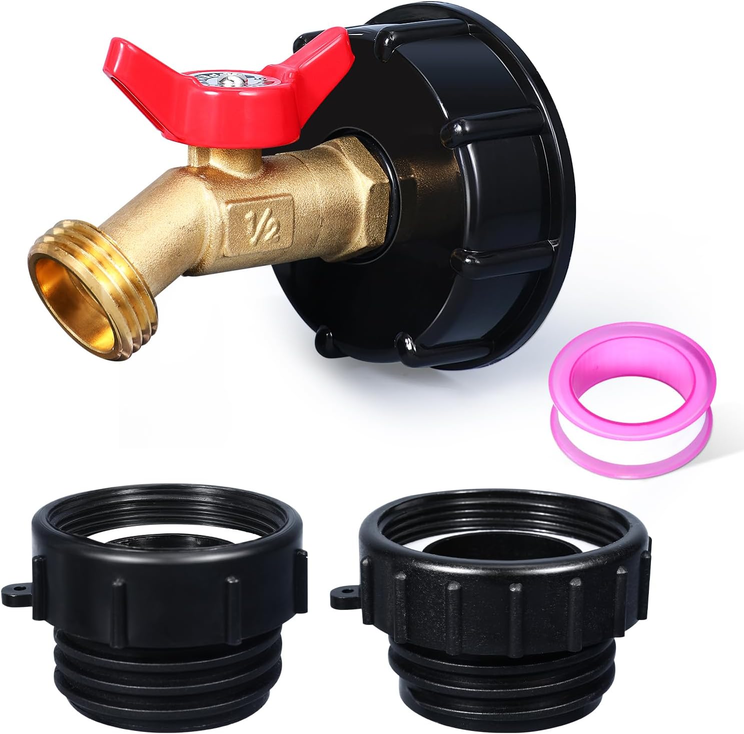 275-330 Gallon IBC Tote Tank Adapter,IBC Tote Adapter, 2.44" Fine	2 "Fine, and 2" Coarse Thread,1/2" Male NPT Inlet Threaded Brass Hose Faucet Garden Hose Connector (3 in 1 Brass Faucet Set) (3 in 1 Brass Faucet Set) Thumbnail