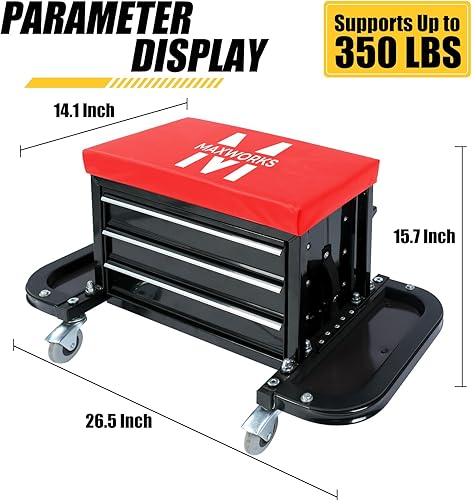 Miniatura 9 de MaxWorks 50875 Mechanics - Asiento de rodillo, capacidad de 250 libras, taburete de taller acolchado con bandeja de herramientas de almacenamiento