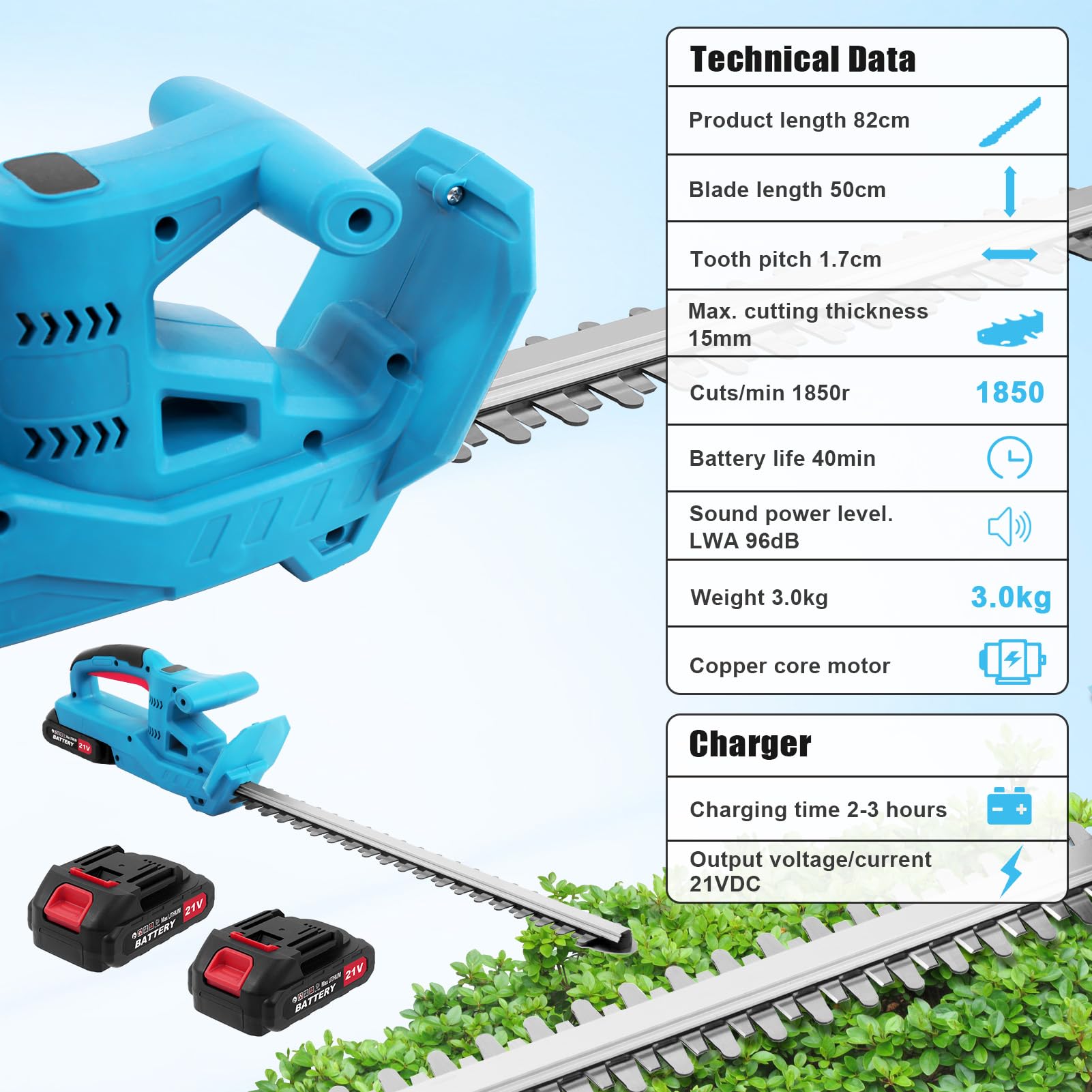 Hedge Trimmer Cordless,52cm Laser-Cut Diamond Hedge Cutter with 21v Battery & 2 Batteries,Lightweight Hedge Trimmer Cordless 2kg,2400 Cuts/Min,45° Adjustable,Safety Lock,Anti-Vibration for Gardeners - 2