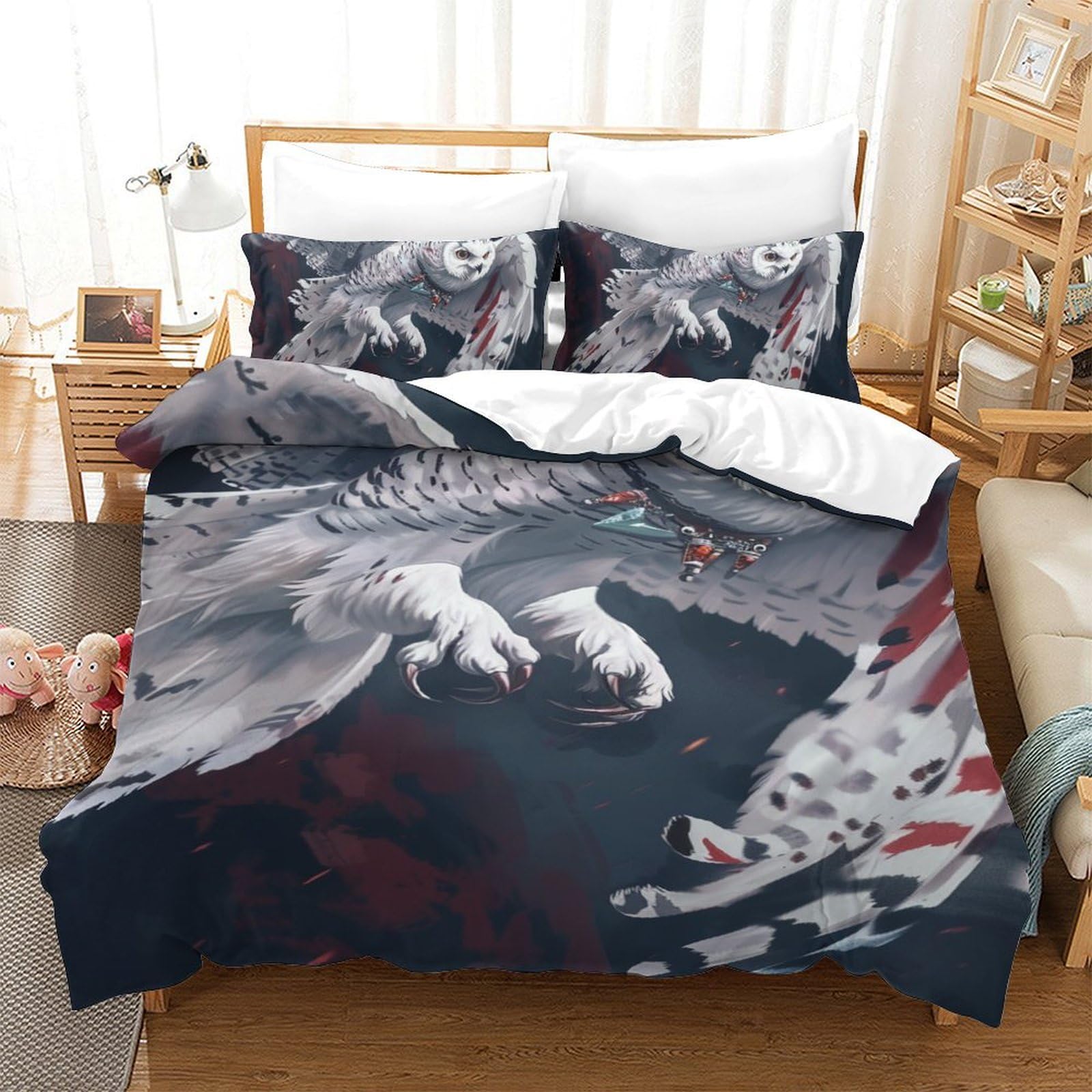 Housse de couette chouette blanche parure de lit imprimé 3D microfibre