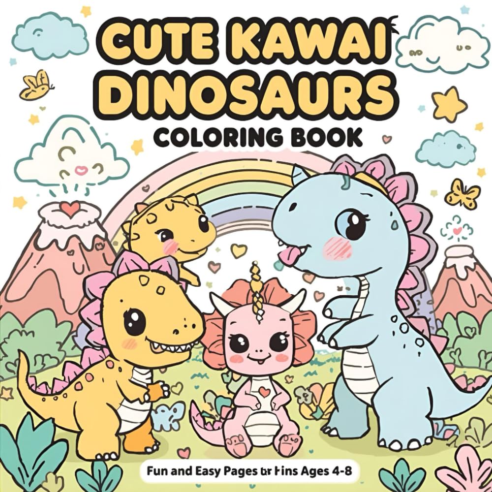 Cute Kawaii Dinosaurs Coloring Book: Fun and Easy Coloring Pages for Kids Ages 4–8