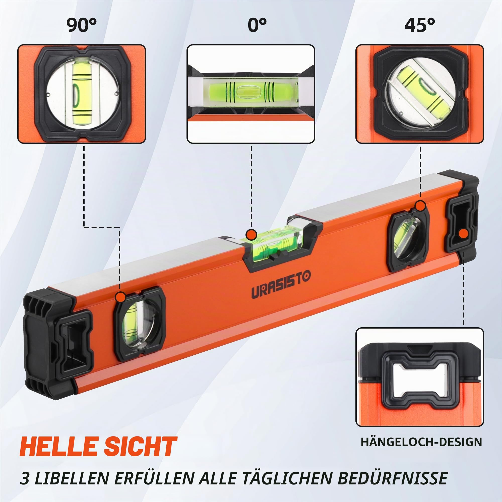URASISTO 5-teiliges Wasserwaagen-Set, 25cm, 40cm, 60cm, 80cm, 120cm Nivellierset mit magnetischem Torpedoniveau, 45°/90°/180° Blasenmessung, Aluminiumlegierungs-Niveaus mit Tragetasche