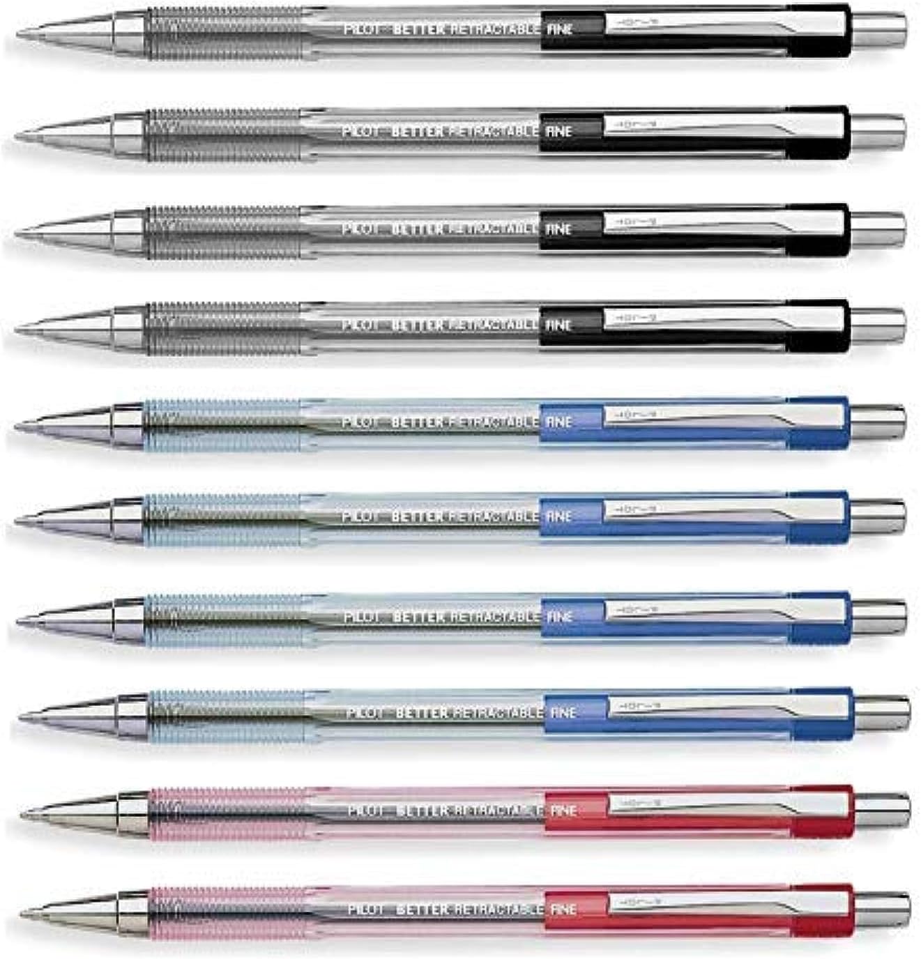 Better Retractable Ballpoint Pen, Bundle Black, Blue, Red colors Fine Point 07, 10 COUNT