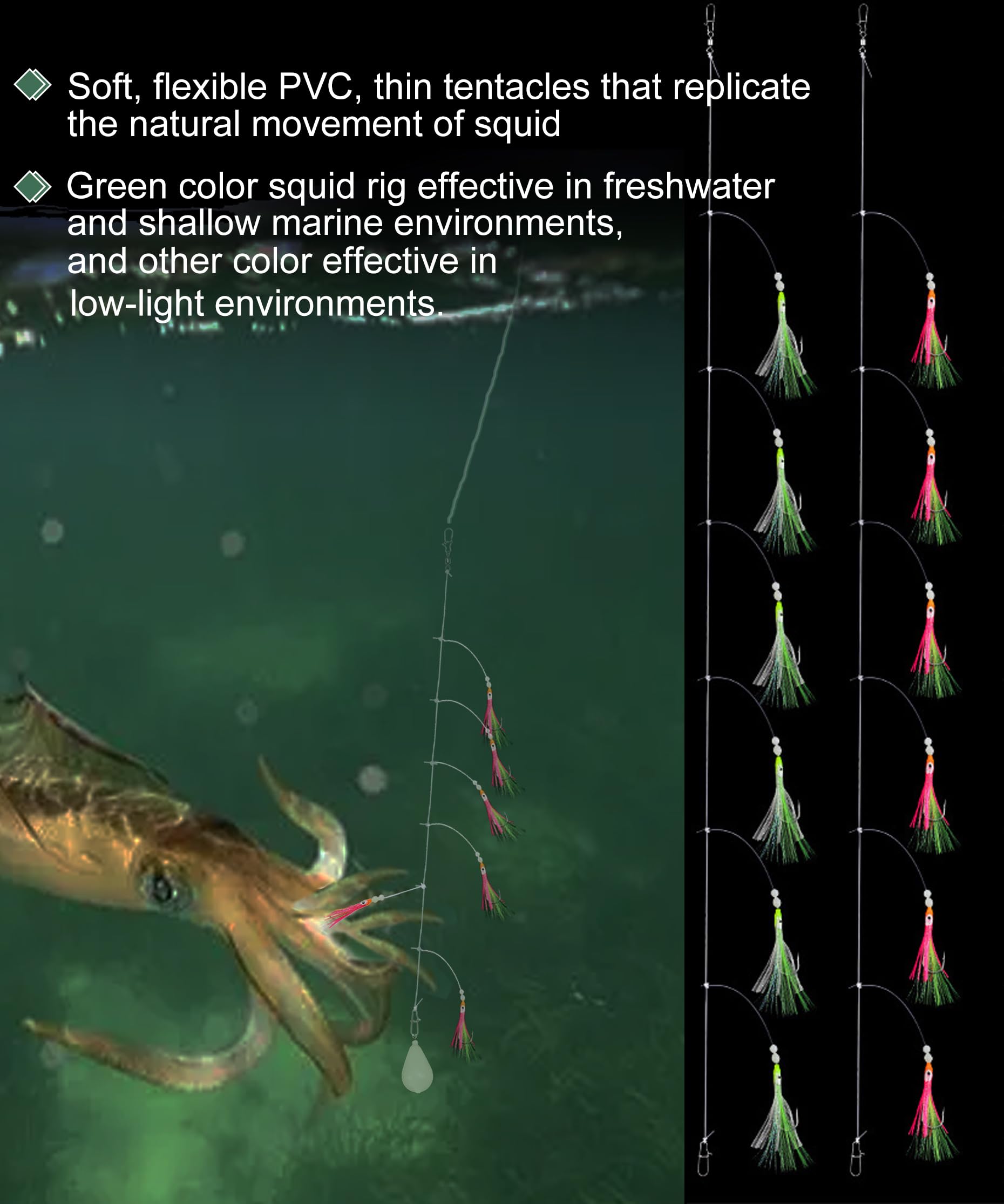 Leuchtende Tintenfisch-Angelköder – 12-teiliges vorgebundenes Angelköder-Set für Salzwasser, Surfen, Angelausrüstung – leuchtende weiche Tintenfischköder mit Haken aus Karbonstahl für Snapper