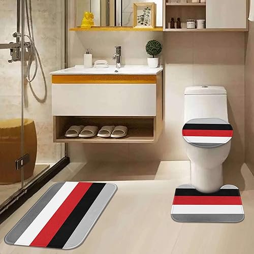 Miniatura 6 de ArtSocket Juego de baño geométrico rojo con cortina de ducha y accesorios de alfombras, cortina de ducha moderna a rayas rojas, grises, negras y