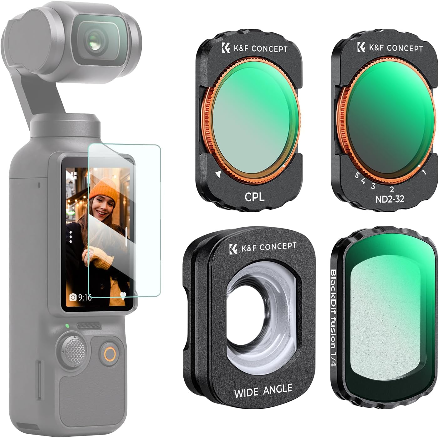 K&F CONCEPT Magnetic Wide Angle Lens & Effect & ND & CPL Filter Set Compatible with DJI Osmo Pocket 3, 4 Pack Wide-Angle Lens CPL Black Diffusion 1/4 ND2-32 Filters, HD Optical Glass/Multi-Coated