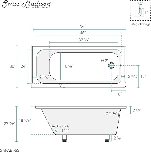 Miniatura 37 de Swiss Madison Well Made Forever SM-DB561 Voltaire - Bañera acrílica de drenaje para zurdos de 48 x 32 pulgadas, 48 x 32 pulgadas, color blanco