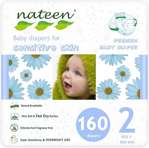 Nateen Pañales para bebé de alta calidad, pañales desechables de uso nocturno para pieles sensibles, pañales ultrafinos con ajuste cómodo. Talla 2