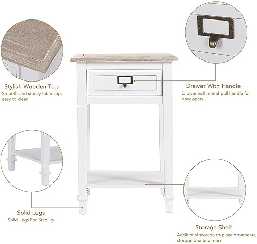 Miniatura 13 de Wnutrees Mesa auxiliar con estación de carga, 2 puertos USB y 2 tomacorrientes, mesita de noche con cajón y estante de almacenamiento abierto para