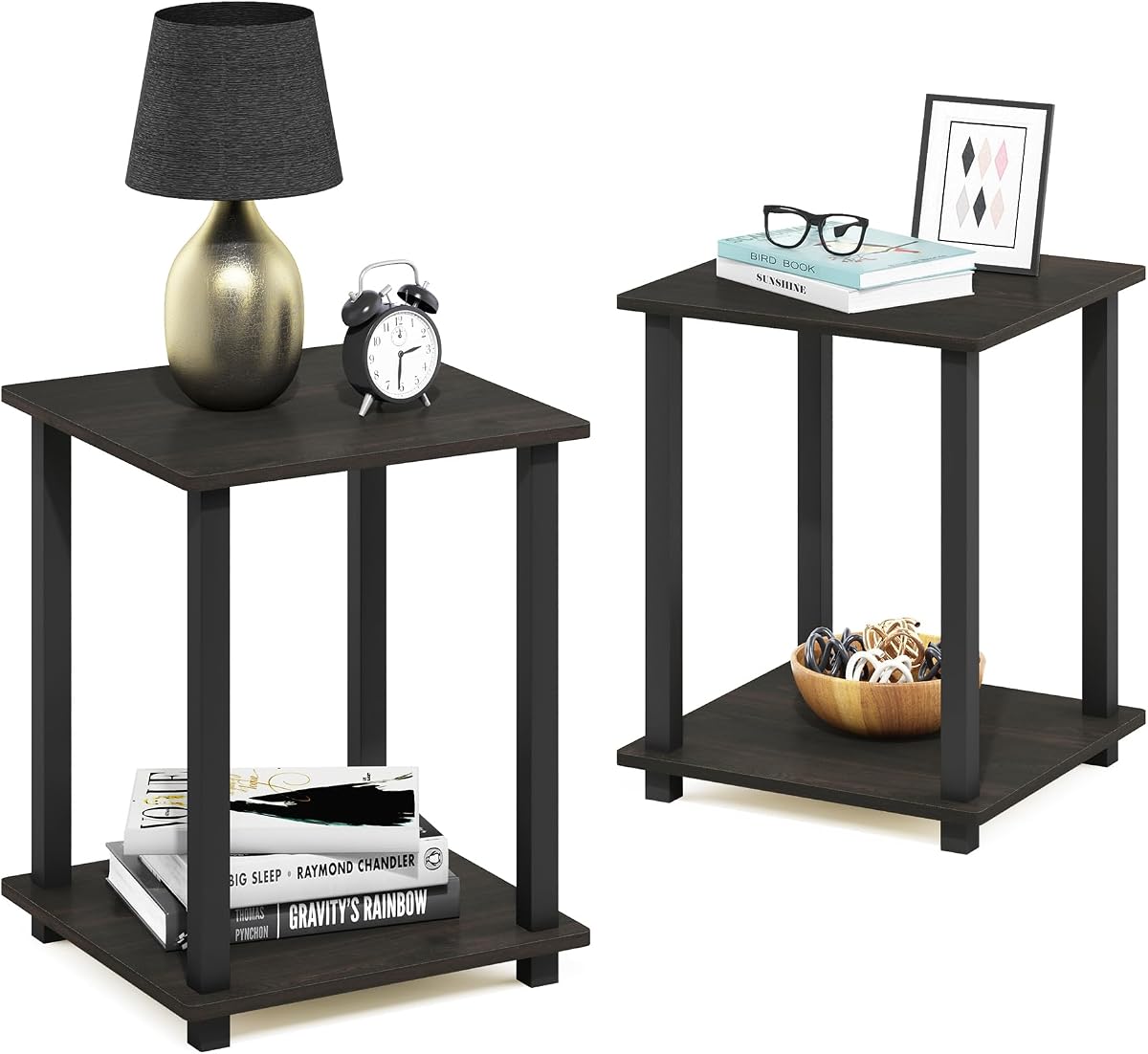 Furinno SIMPLISTIC Juego de 2 mesas auxiliares cuadradas de 2 niveles, mesa auxiliar moderna, mesita de noche, mesita de noche, montaje sin herramientas, para sala de estar, dormitorio, espresso