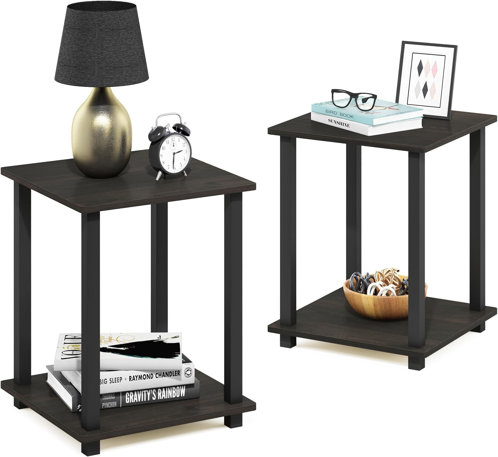 SIMPLISTIC Side Table Set of 2, 2-Tier Square Modern End Table, Nightstand, Night Stand, Bedside Table, Toolless Assembly, for Living Room, Bedroom, Espresso