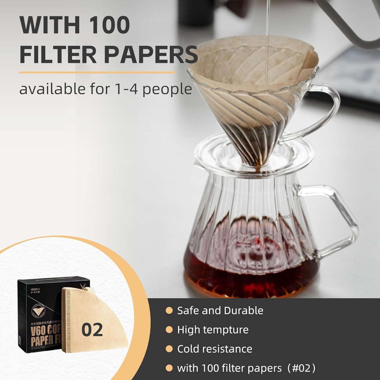 Vandroop Coffee Dripper, Resuable Pour Over Coffee Maker With Handle, Slow Brewing Coffee Pour Over for Cafe, Travel, Home&Offices with 100 Filter Papers (Borosilicate Glass, 1-4 Cups)