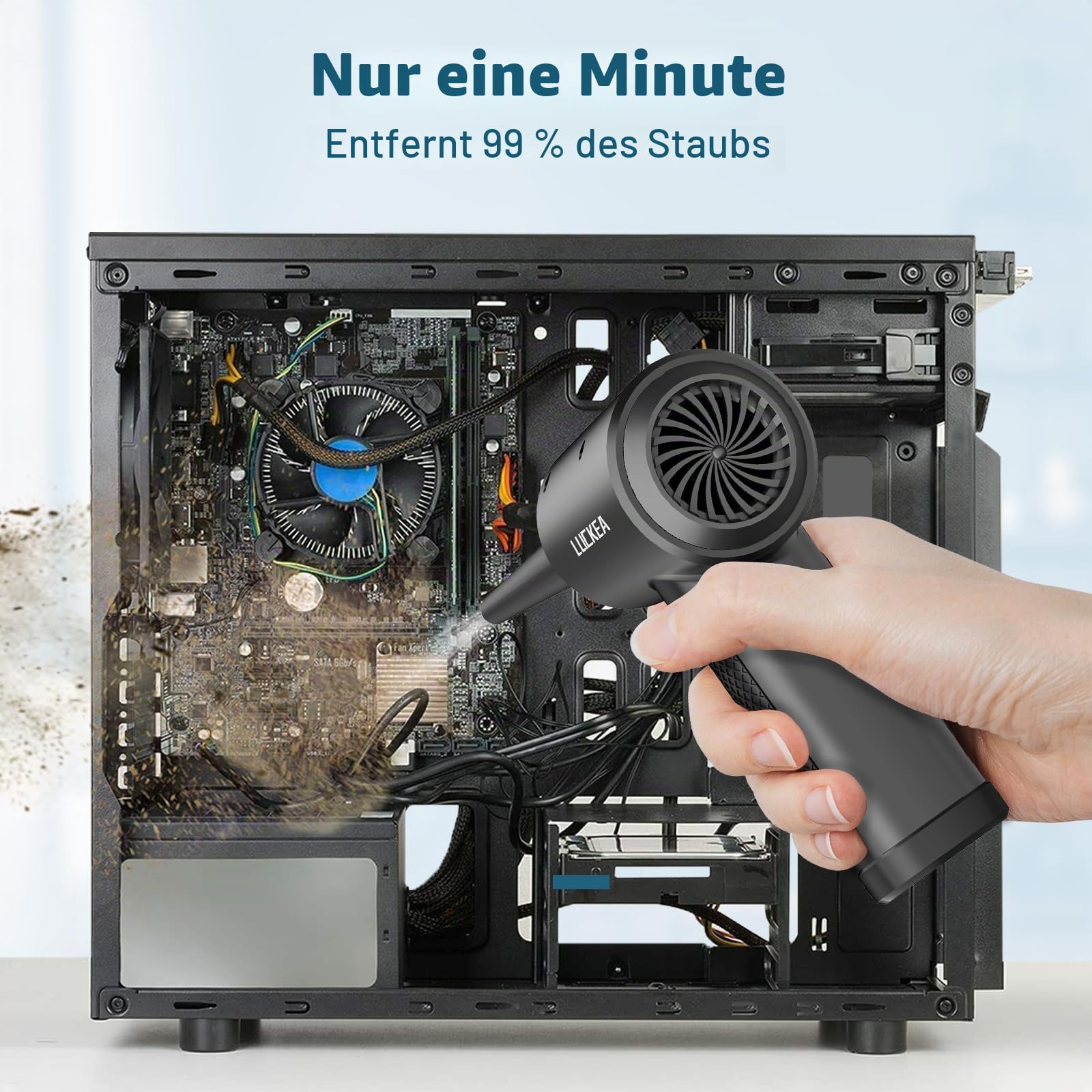 Elektrische Staubgebläse Druckluftspray für PC Reinigung - 3-Gang Air Duster mit 6000 mAh Akku, 5 Blasdüsen 2 Vakuumdüsen, 3 Antistatikbürsten, Compressed Air Luftdruckspray für Elektronik Sofa Auto