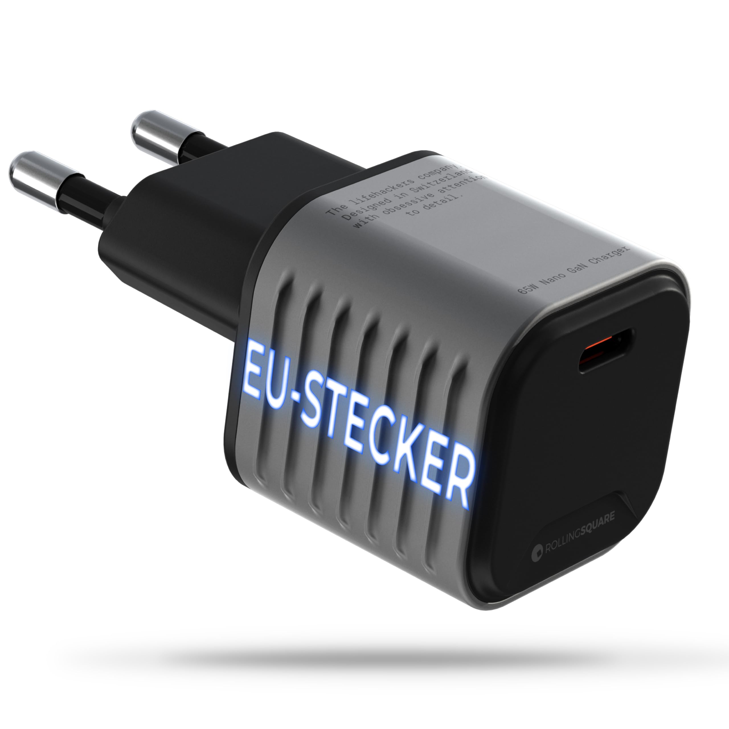 Rolling Square Supertiny - 65W GAN Ladegerät - USB-C-Netzteil, USB-C-Ladegerät mit Schnellladung, Ultra-kompaktes Reiseladegerät für Handys für Smartphone, GaN-Ladefunktion, EU-Stecker