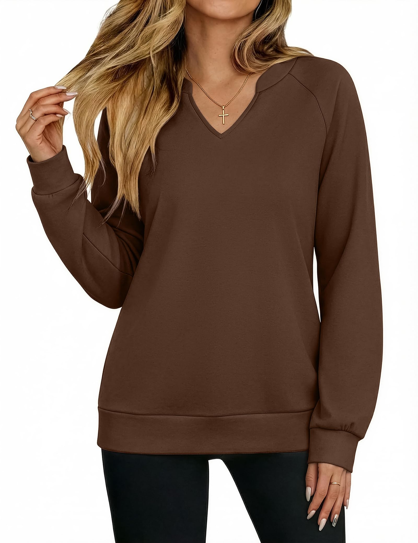 Aottori Sweatshirt Damen Langarm Pullover V-Ausschnitt Elegant Baumwoll Oberteil Casual Sexy Locker Langarmshirt Basic Herbst Winter Pulli Top Einfarbig