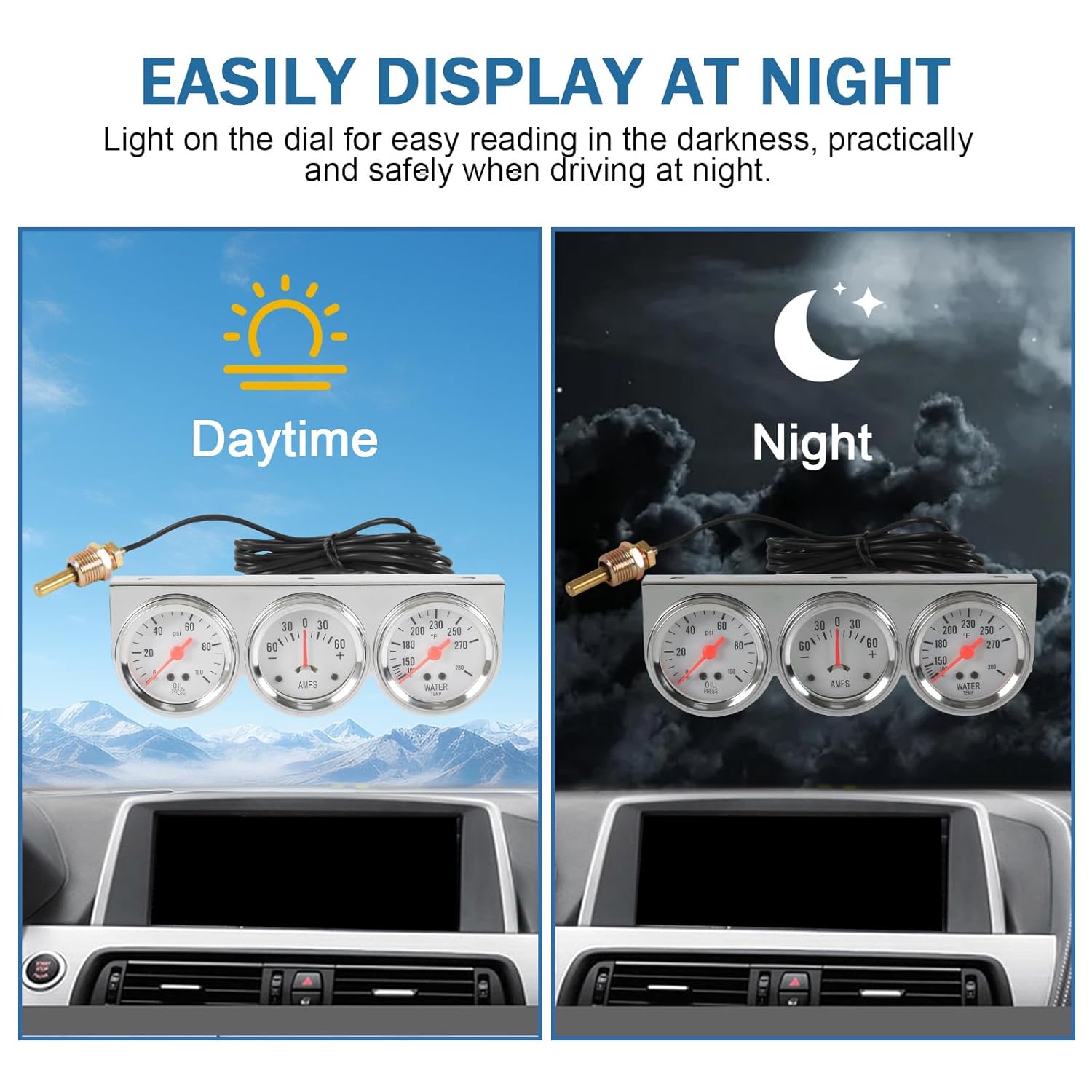 JDMSPEED 2" 52mm Triple Gauge Set Kit (Oil Pressure + Water Temperature + AMP Meter) 3-in-1