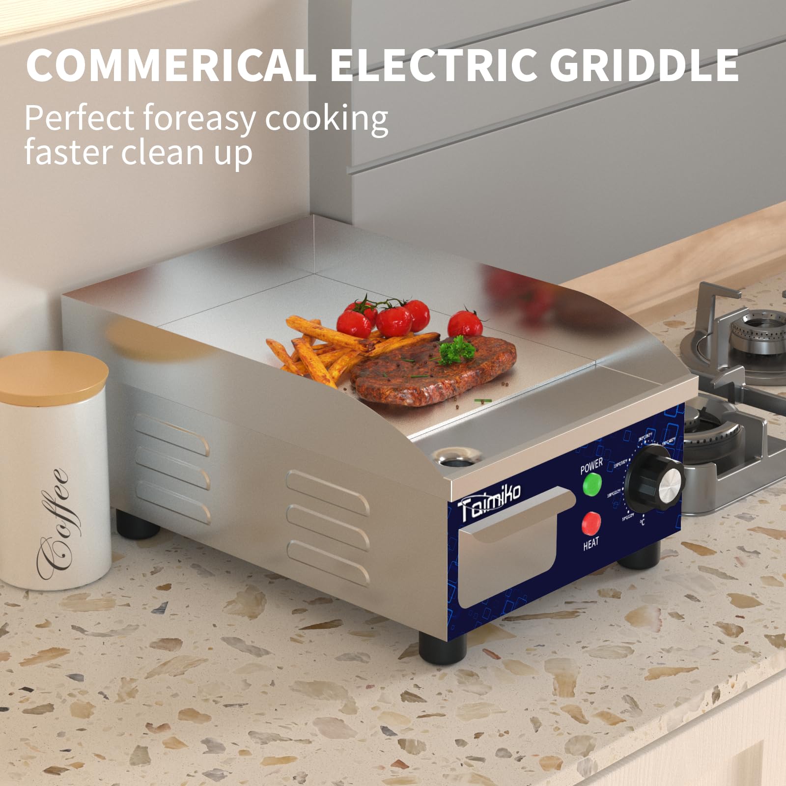 TAIMIKO Griglia elettrica liscia 1700 W Griglia elettrica in acciaio inox in ghisa Gastro Griddle Controllo preciso della temperatura