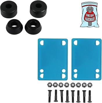 Dime Bag Skateboard Bushings for 2 Trucks + Blue Riser Pads and 1" Phillips Hardware 98A Black