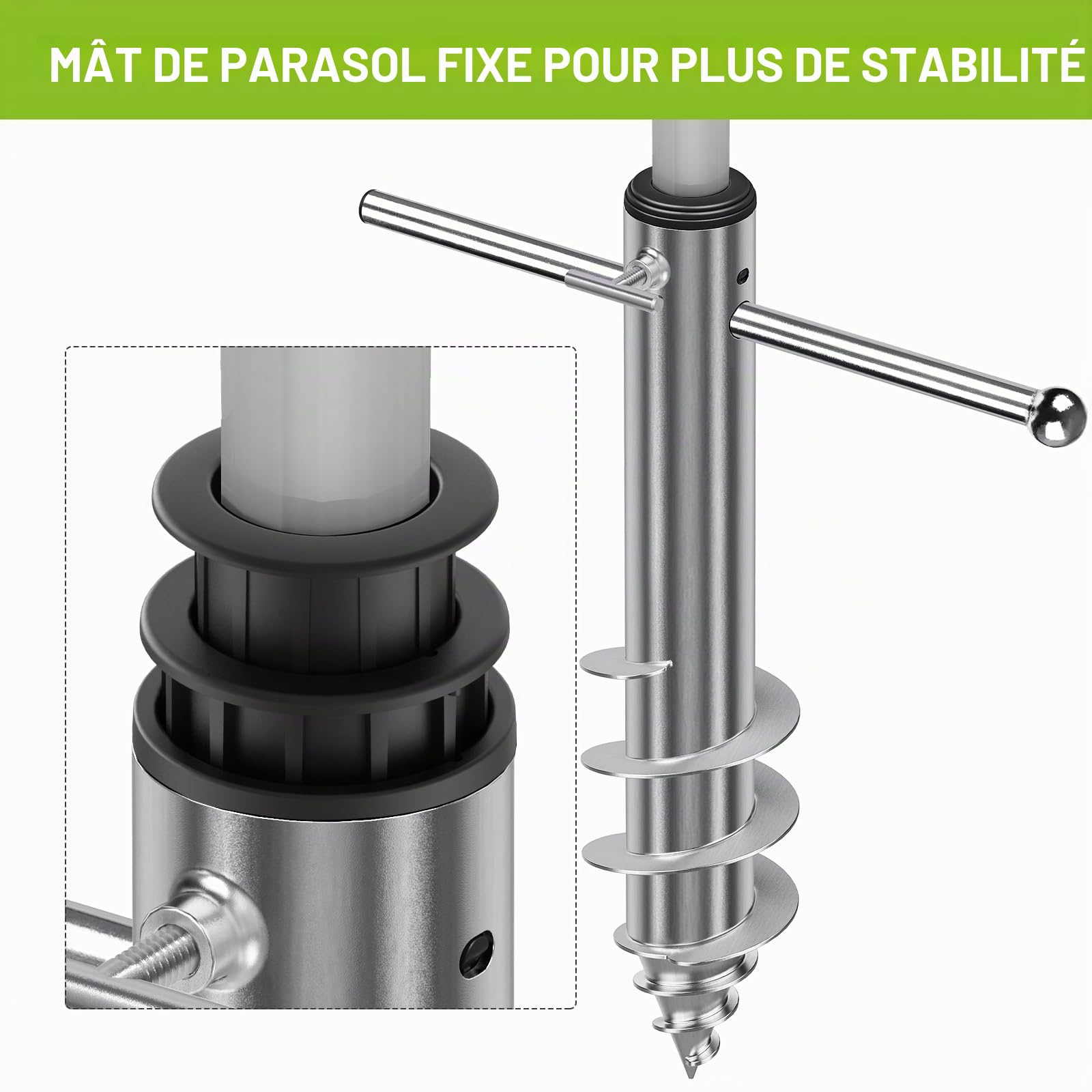 Dolibest Ancre de Sable pour Parasol de Plage en Acier Robuste (3 Manchons, mâts 2,5–5,1 cm) – Piquet Coupe-Vent à Spirale soudée pour Une stabilité optimale