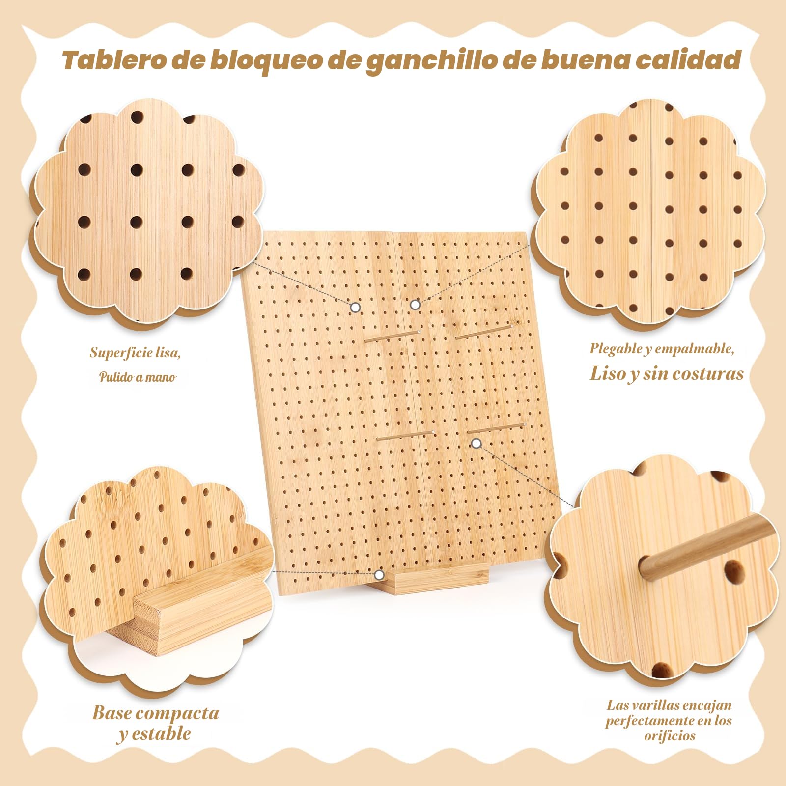 Coopay Granny Square Tensor grande, 33 x 33 cm, tabla de bloqueo de ganchillo, con 30 pasadores de varilla de acero inoxidable, plegable, tabla de sujeción de bambú, para proyectos de punto y