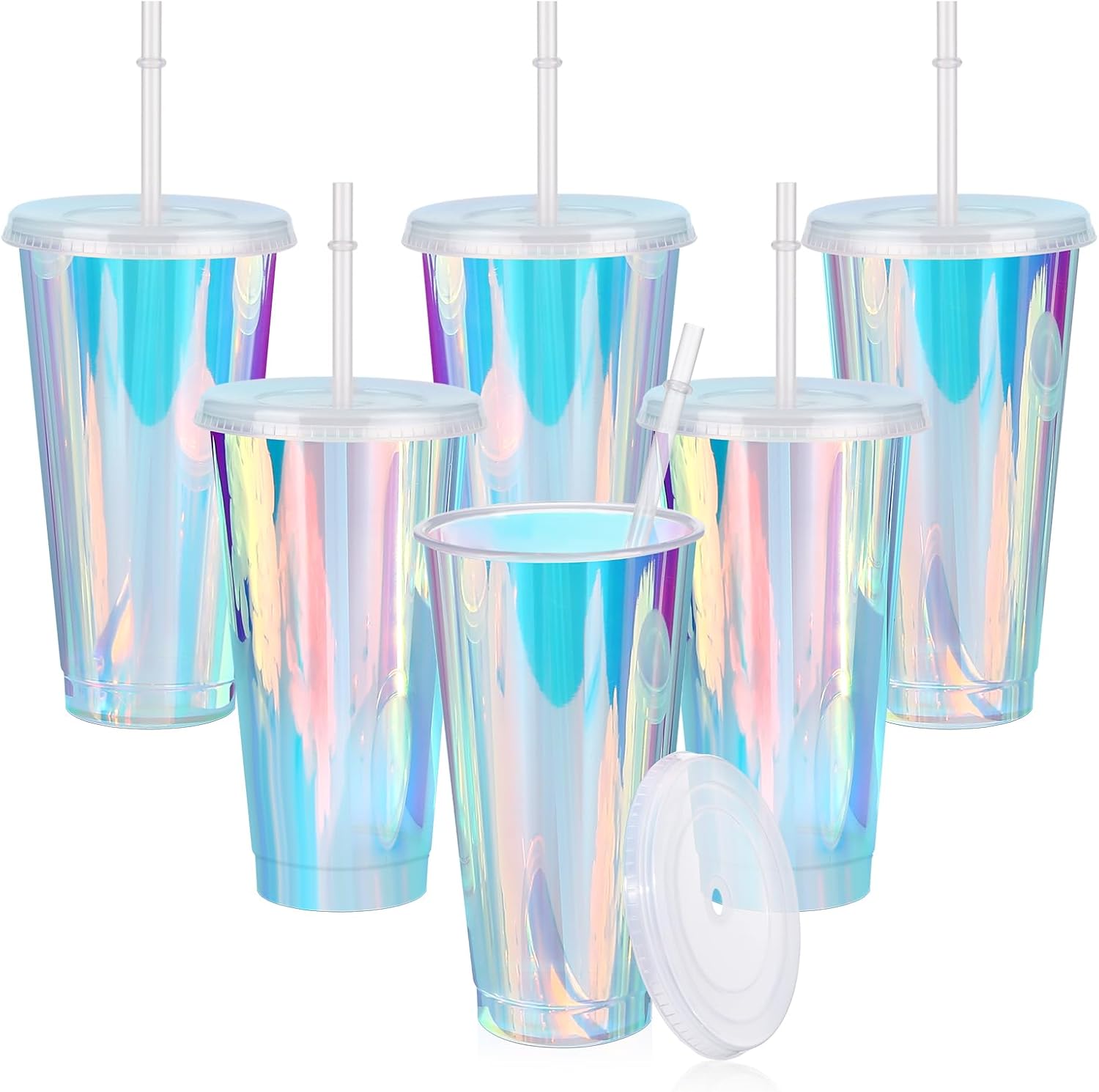 Domensi Iridescent Plastic Cups with Lids and Straws 24 oz Iridescent Reusable Plastic Tumblers Iced Coffee Cups for Shiny Disco Birthday Wedding Bachelorette Party Supplies(6 Pack)