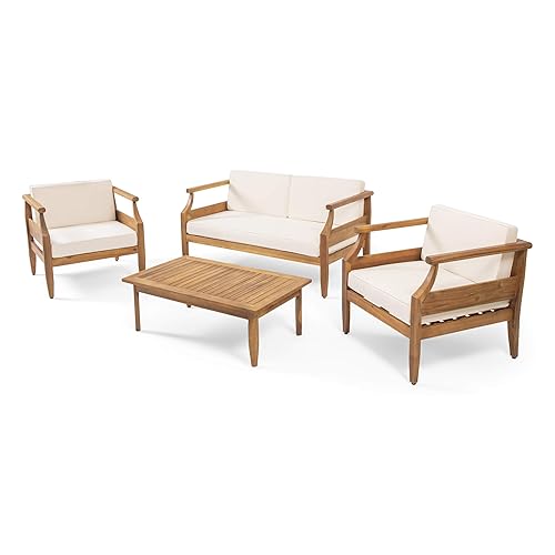 Caitlyn Outdoor 4 Seater Chat Set with Cushions, Teak Finish,