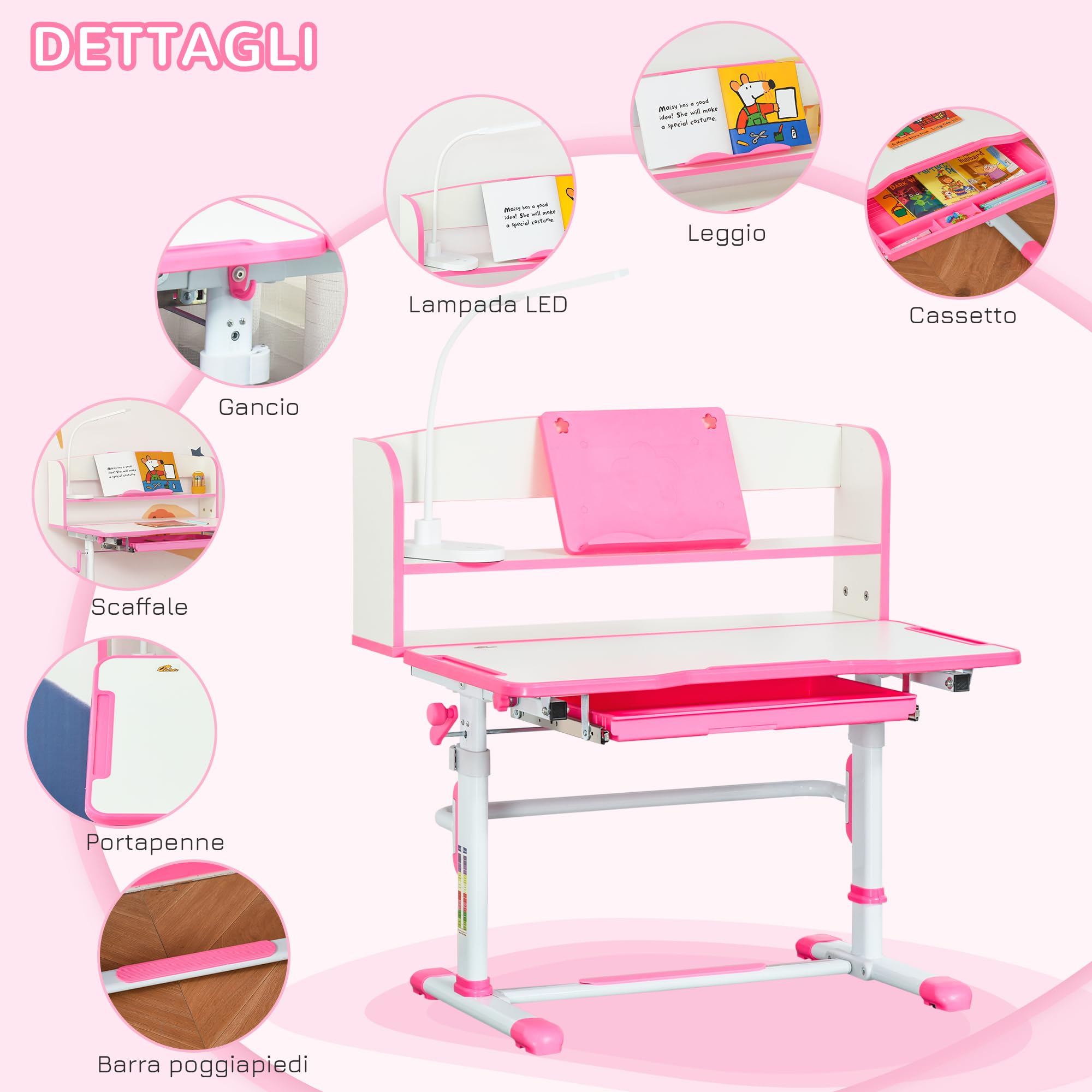 HOMCOM Set Scrivania e Sedia per Bambini 6-12 Anni Regolabili in Altezza, Banco Scuola con Piano Inclinabile 45°, Lampada, Cassetto, Scaffale, Portapenne e Leggio, in Acciaio e MDF, Rosa