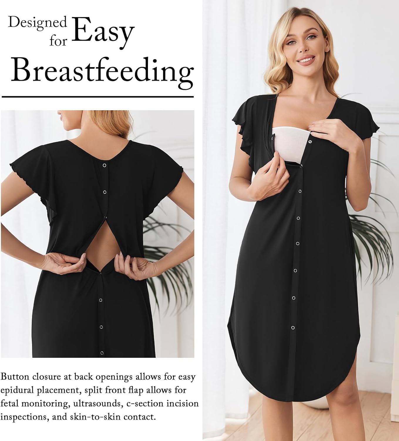 Ekouaer Labor and Delivery Gown 3 in 1 Nursing/Hospital/Breastfeeding/Maternity Flying Short Sleeve Nightgown with Button - Image 3