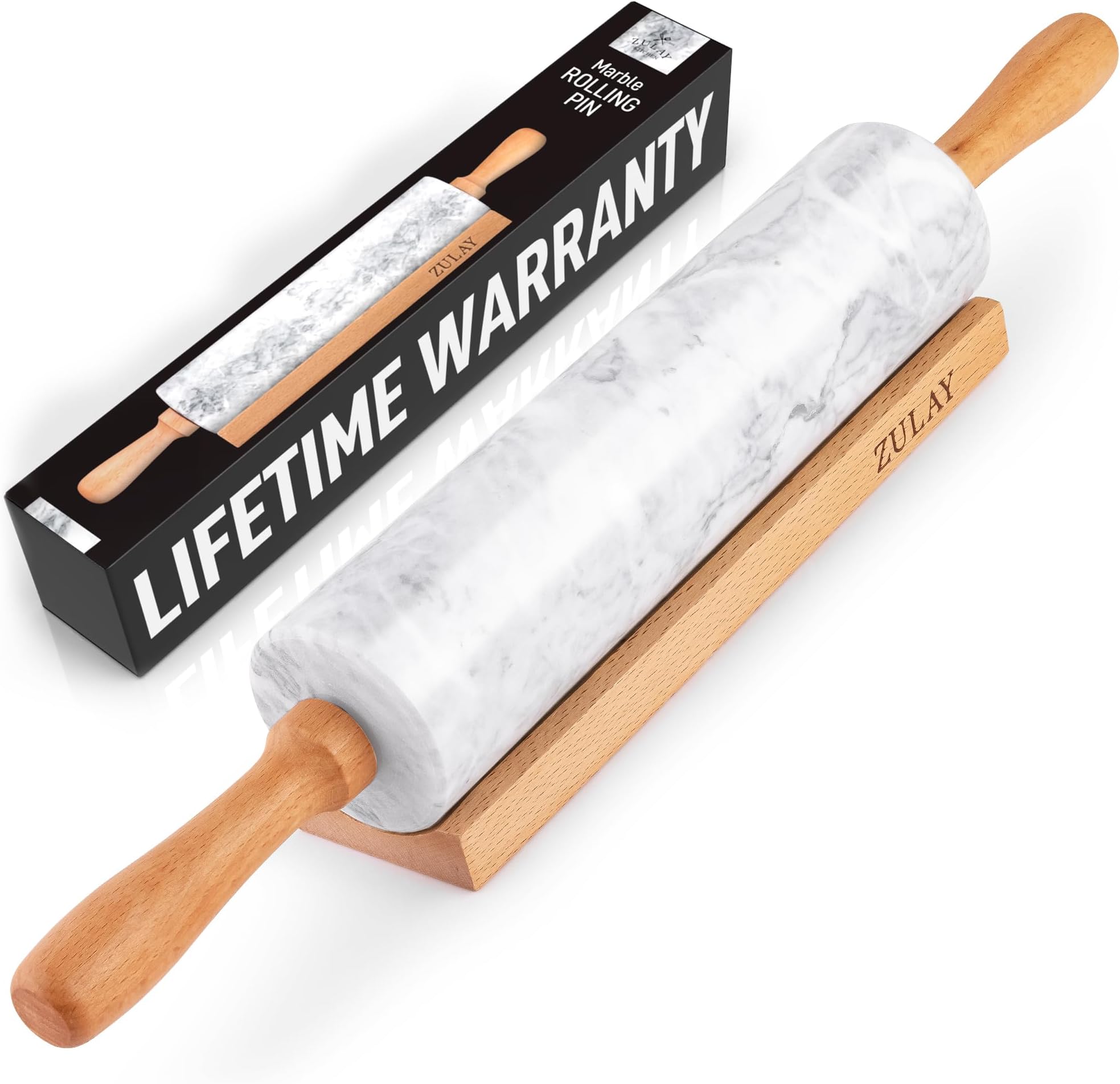 Zulay Kitchen 17-Inch Marble Rolling Pin With Stand - Polished Marble Rolling Pins For Baking With Long Beechwood Handle - Non-stick Roller Pin For Baking Pastries, Bread & Pizza