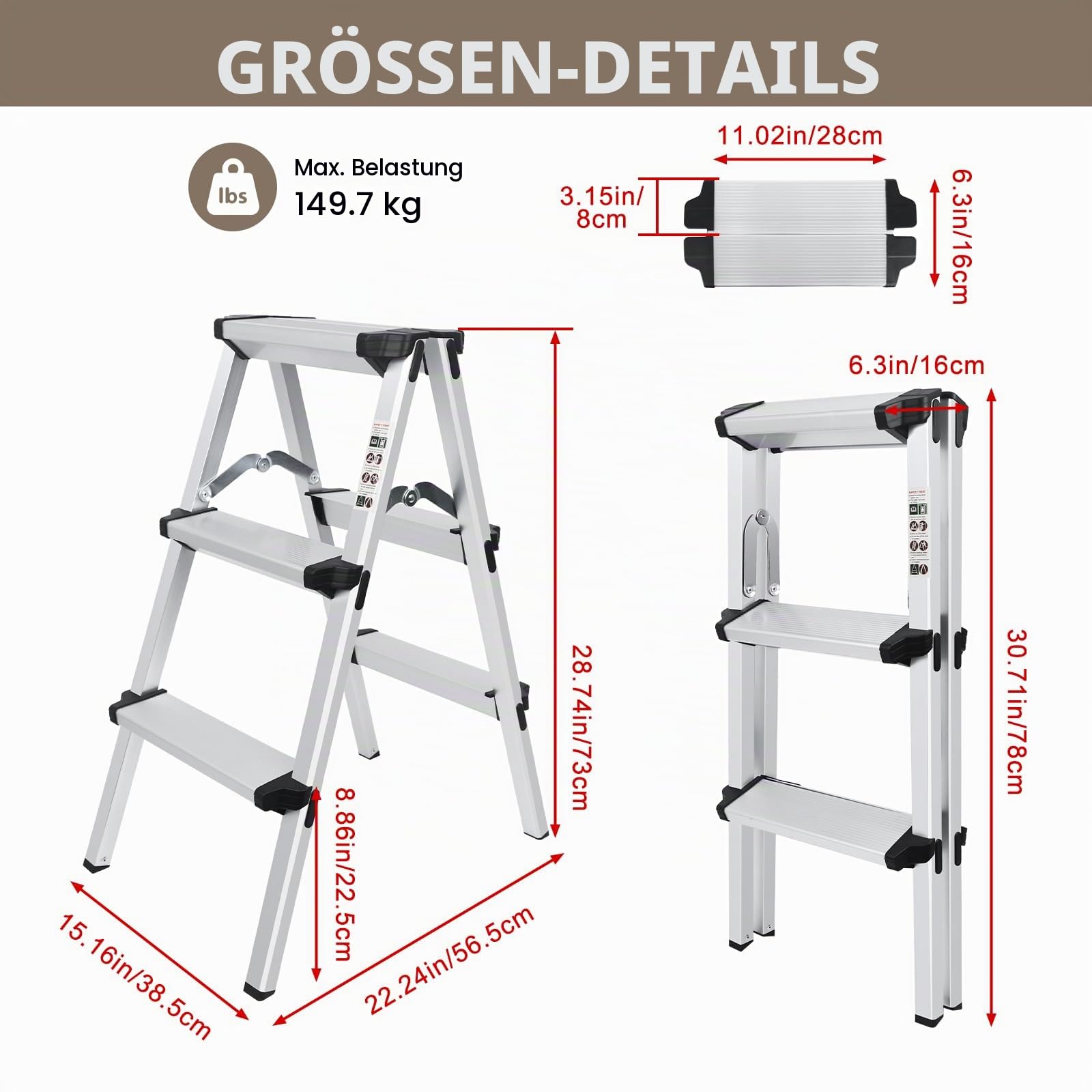 Trittleiter 2 x 3 Stufen, Alu Klapptritt, Silber
