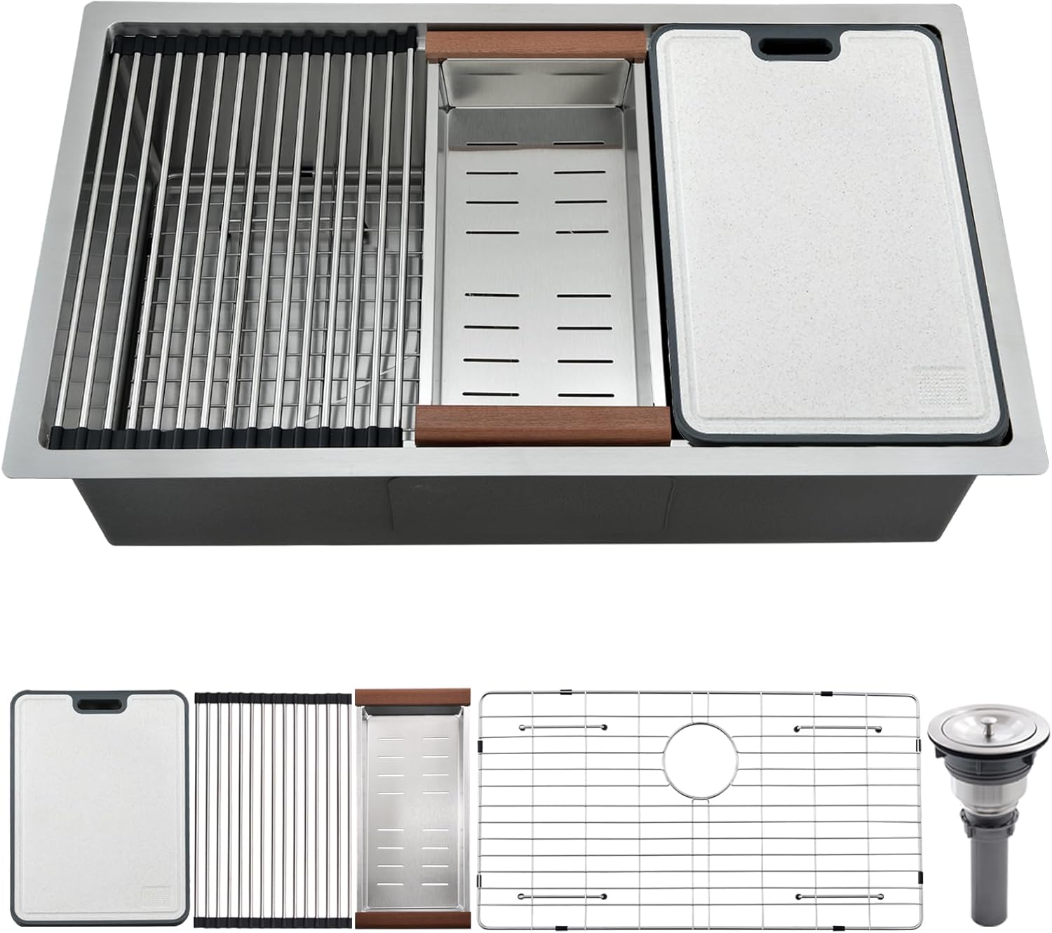 33 Inch Undermount Kitchen Sink, 33×19 Stainless Steel Workstation Sinks Handmade Large Kitchen Sink 16 Gauge Deep Single Bowl Kitchen Sinks with Cutting Board